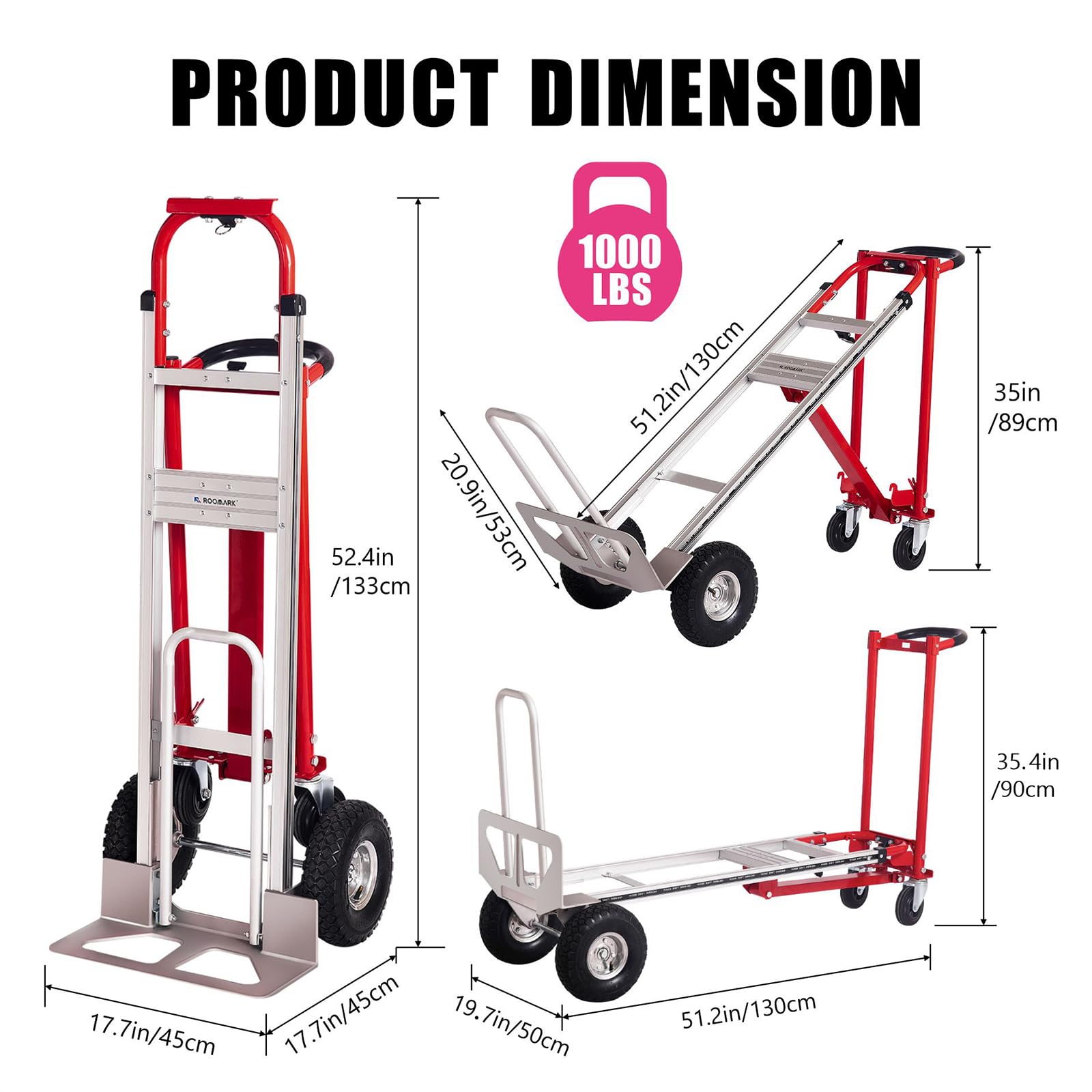 Roomark Hand Truck Dolly, 3 in 1 Aluminum Alloy Moving Dolly Heavy Duty, with Rubber Handle, Non-Slip Wheels, for Garage, Warehouse, Outdoor Delivery