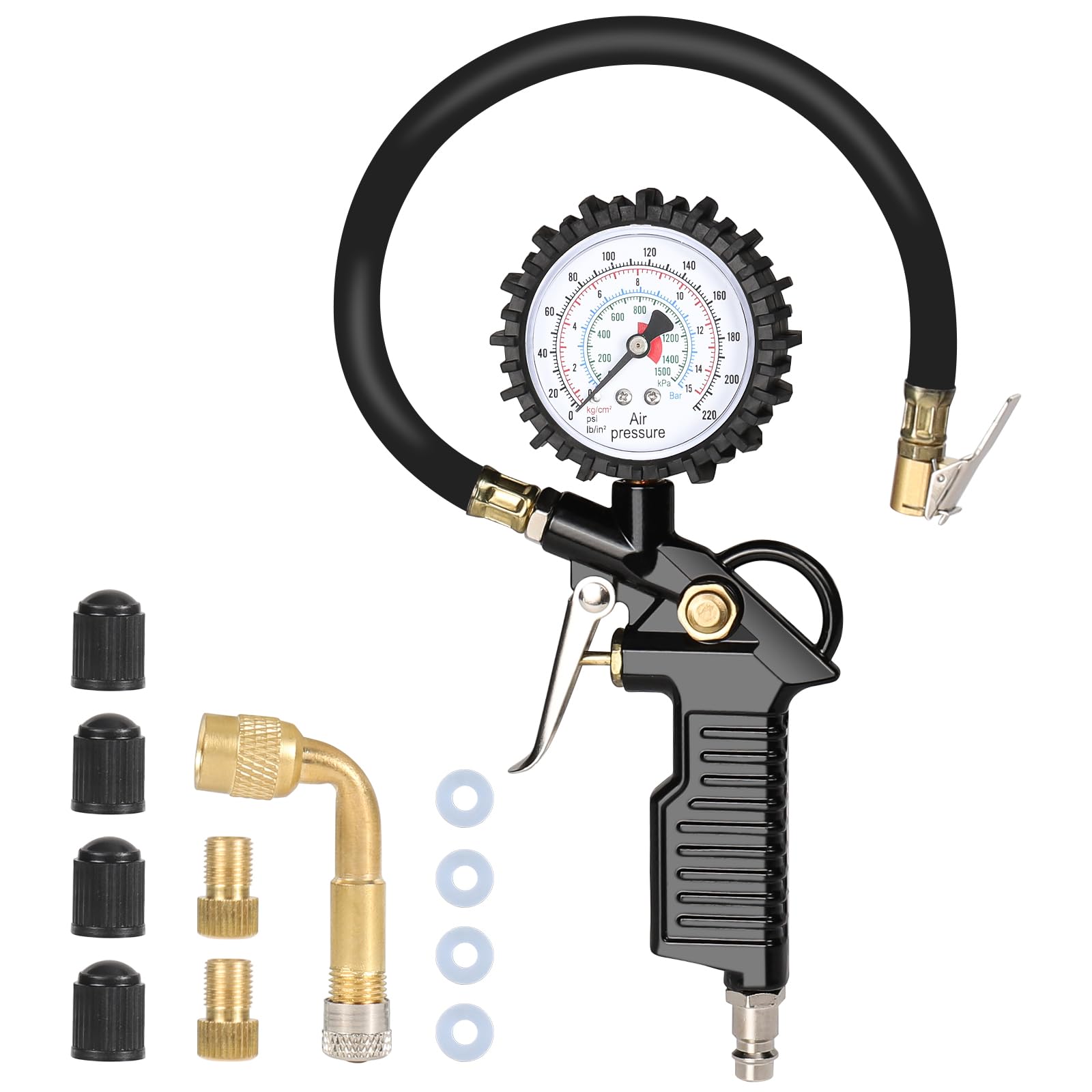 Gaethra Reifendruckprüfer mit Flexiblem Schlauch, Reifenfüller für Auto, Motorrad, Manometer Messbereich: 0-16 BAR/220 PSI