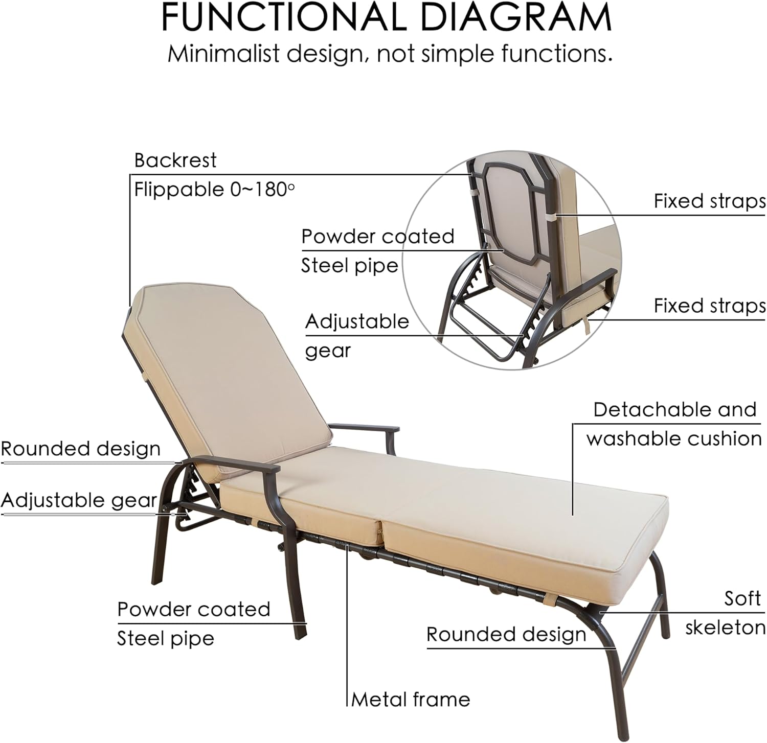 Beige Steel Outdoor Chaise Lounge with Cushions
