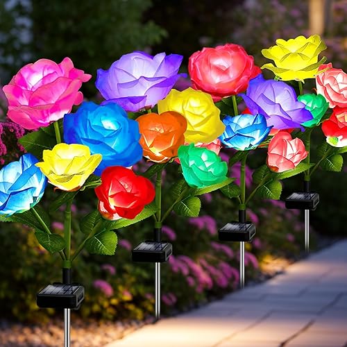 Paquete de 4 luces solares Ostritec para decoración de jardín al aire libre, 20 rosas solares, 7 cambios de color, luces solares impermeables para