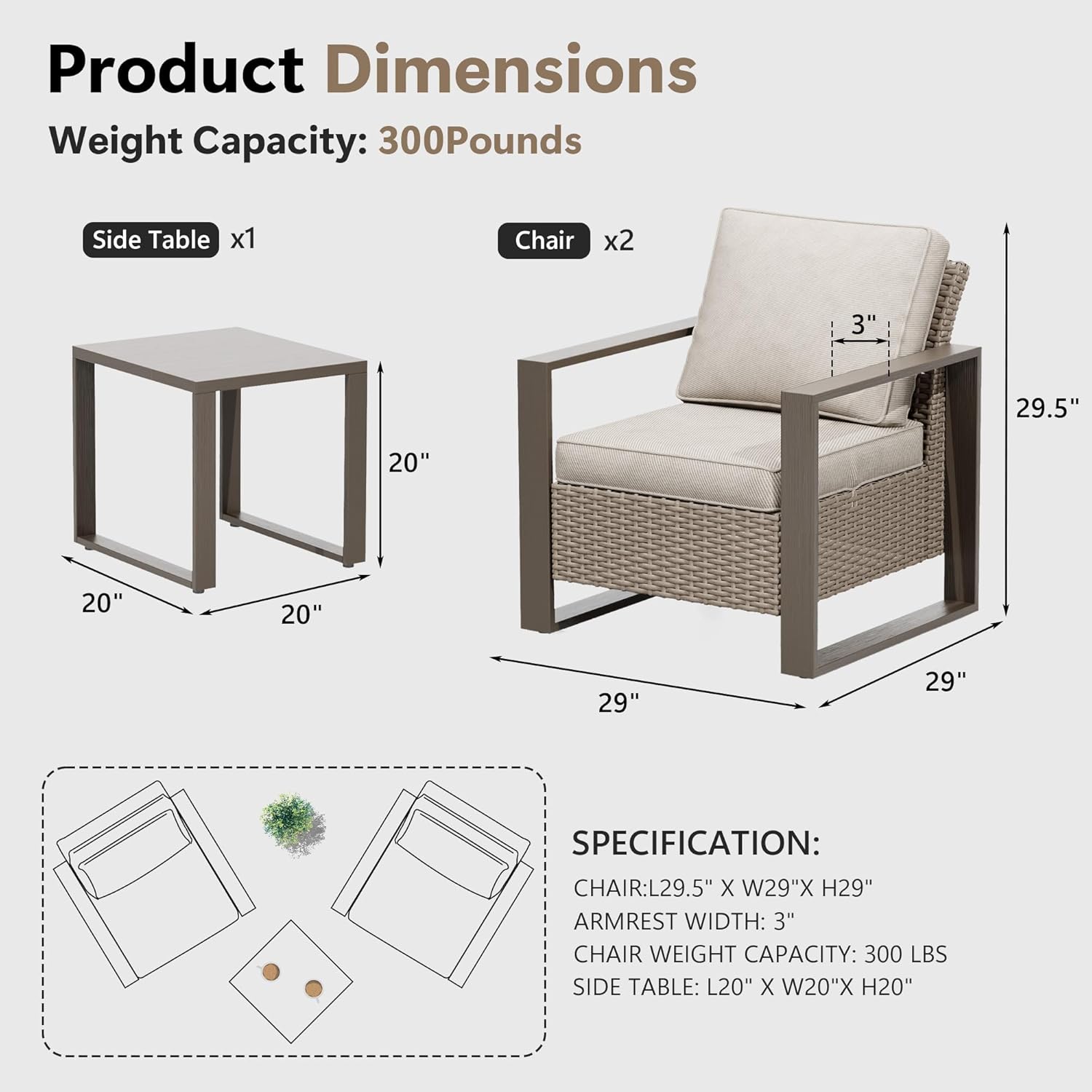 3 Piece Patio Chair Set, Outdoor Wicker Chair and Side Table, Metal Patio Furniture with Deep Seating, Thicken Cushions for Deck, Porch, Yard Use (Beige, 3 PCS/Chairs)