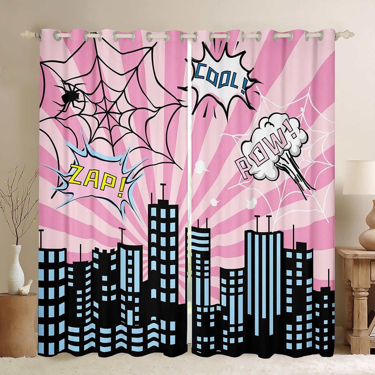 Manfei City Building Kids Blackout Curtains,Hero Theme Curtains for Boys Teens Men,Pink Striped Sky Modern Cool Living Room Bedroom Decor Window Treatment Drapes,Top 2 Panels,46Wx72L