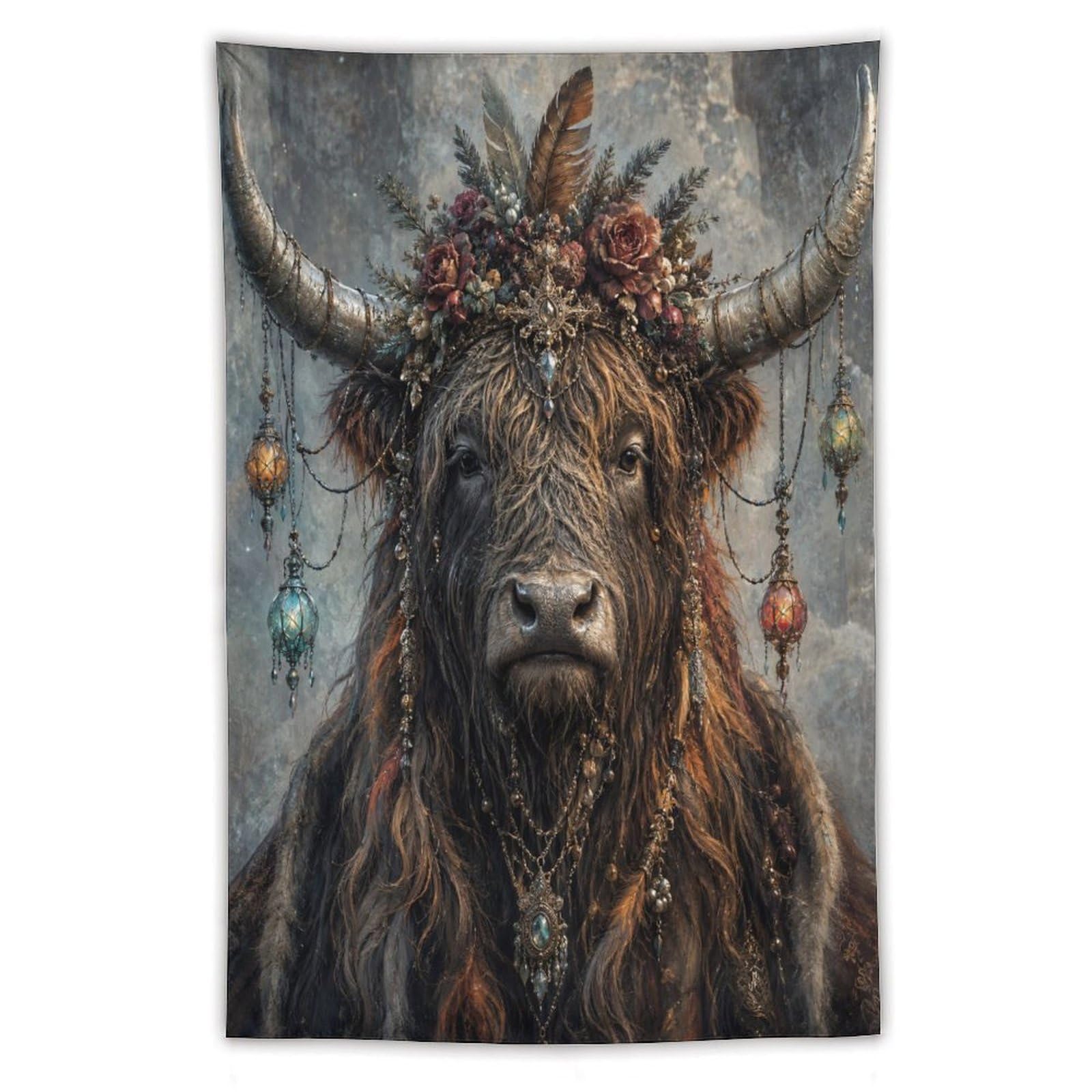H3B8U2Y5 Highland Cow Boho Portrait Wall Tapestry, Warm Country Mood