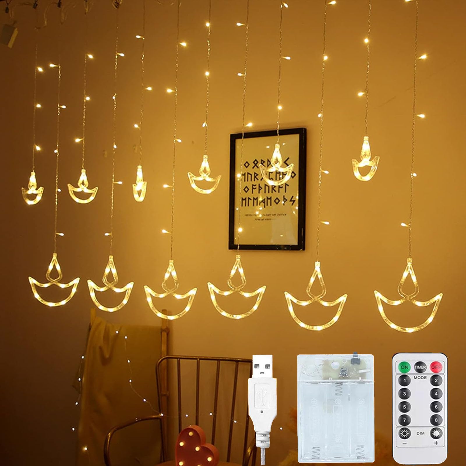 Beauenty Diwali Diya String Lights, Home Decorative Curtain Lights, Eid LED Fairy Lights String Decorations for Ramadan, Christmas, Wedding, Party, Home, Patio Lawn, Diwali lights Decorations Lights
