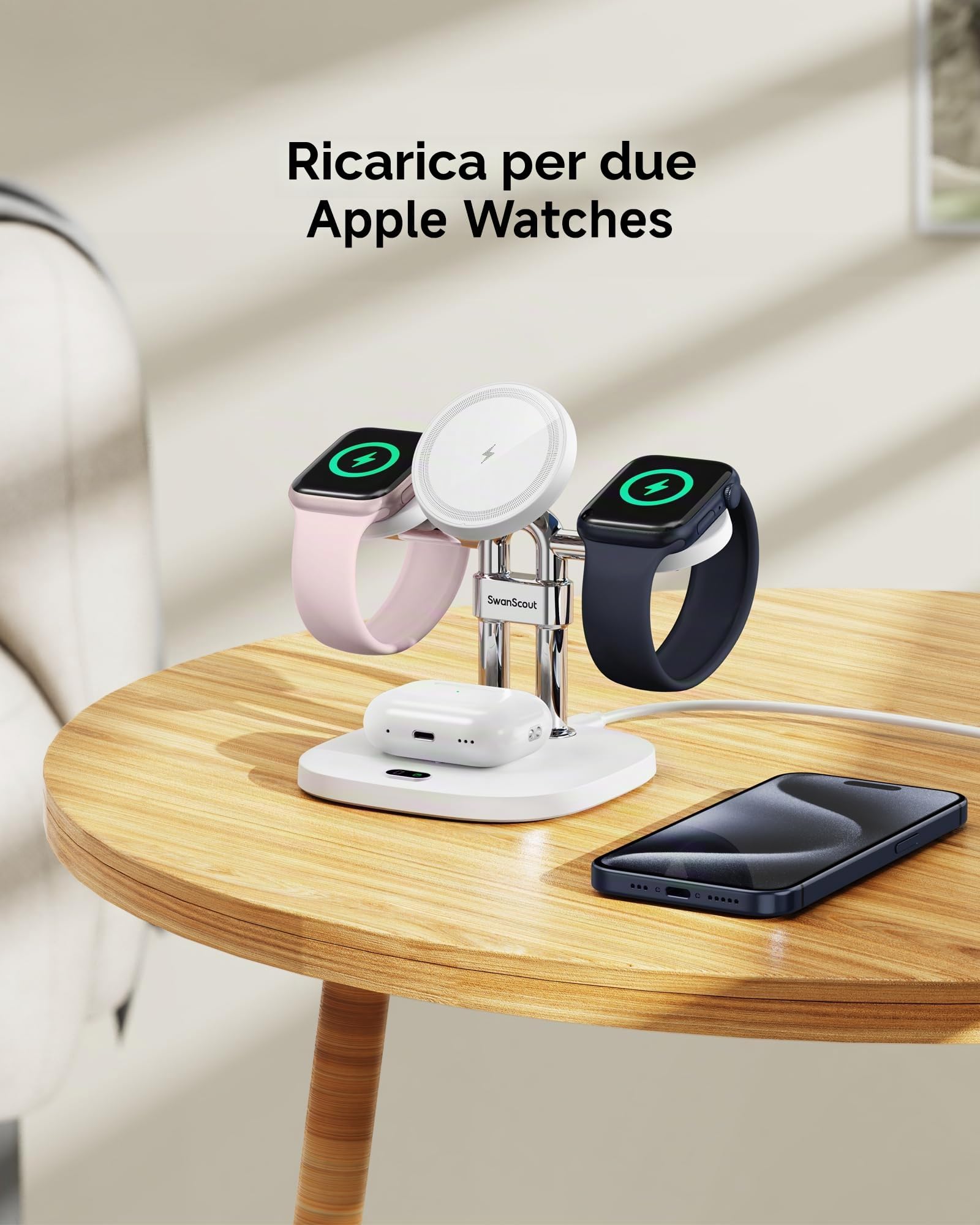 Caricabatterie Doppio per Apple Watch 11/Ultra 3/SE 3, Caricatore Wireless per iPhone Air/17 Pro Max/17 Pro/17/16/15/14, Stazione Ricarica per Apple Watch 10/9/8/7/6/Airpods, SwanScout 709M