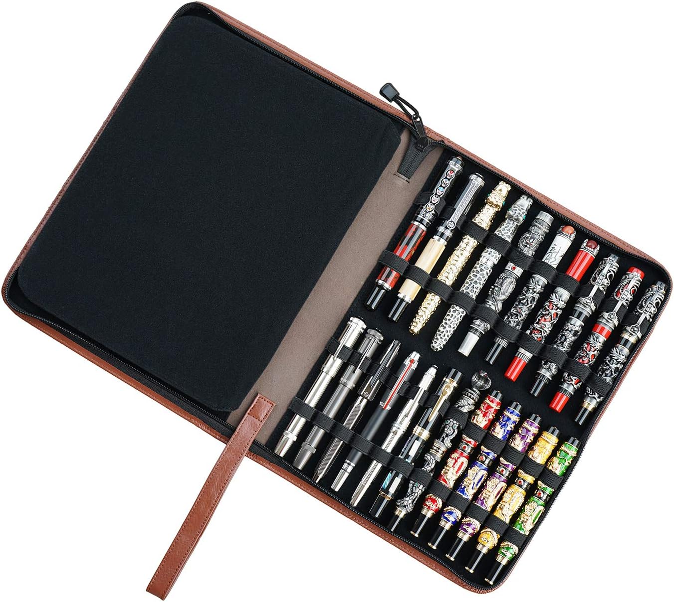 Real Leather Pen Case for Fountain Pen/Rollerball Pen, Genuine Cowhide Holder Pouch Bag for 46 Pens, Fit in Various Size Large Capacity Office Business Gift - Brown