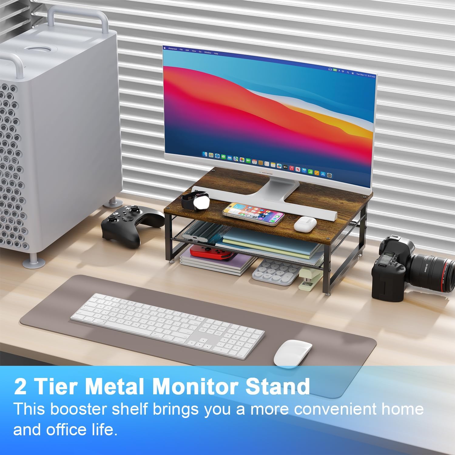 gianotter 2-Tier Metal Monitor Stand Riser, Desk Organizer for Monitor, Office Desk Storage Organizer for Office Supplies (Wood) thumbnail