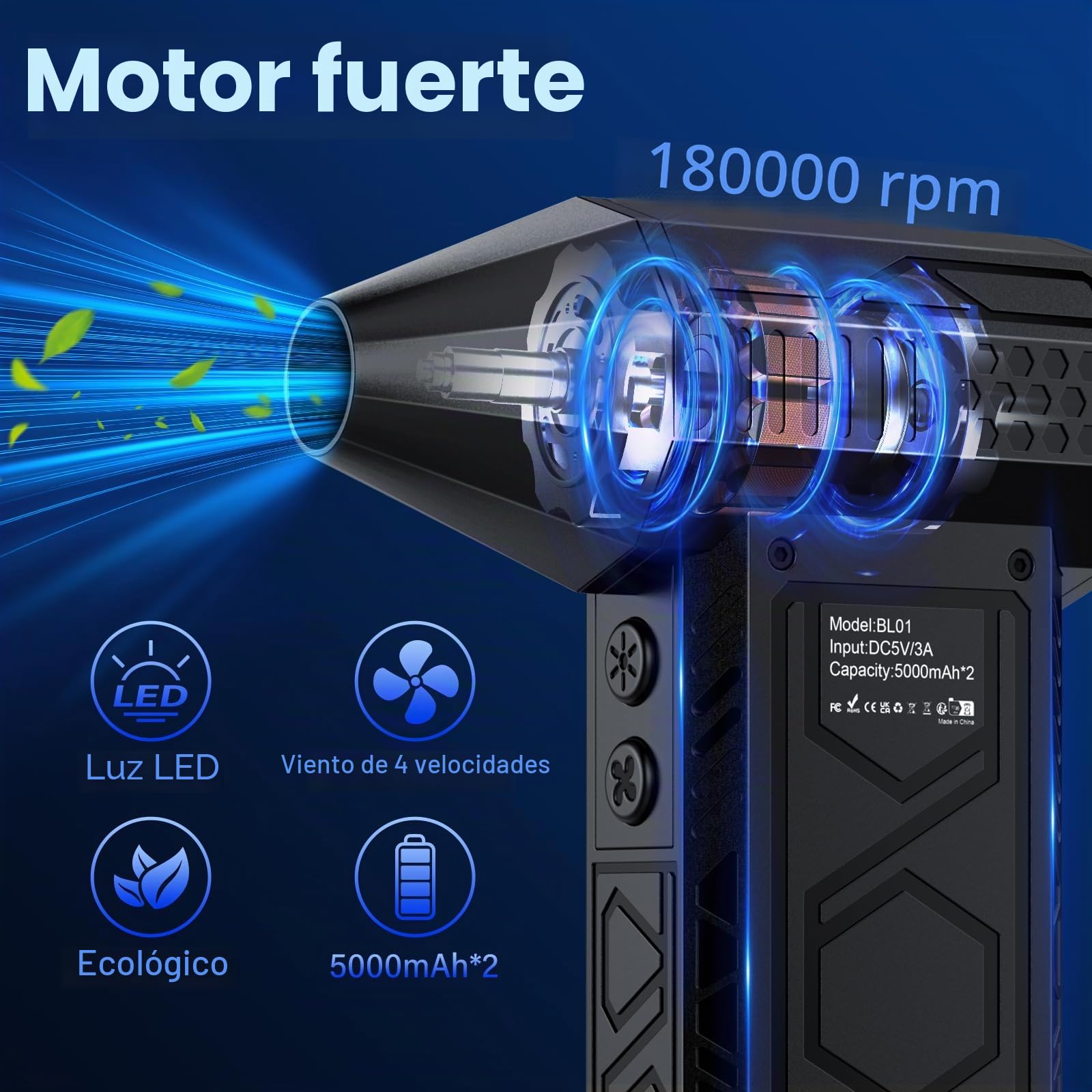 Soplador de Polvo Eléctrico,180000 RPM,2025 Aire Comprimido Limpieza PC con Luz Auxiliar LED Light/Potente 4 Velocidades/Iluminación para Ordenadores, Coches, Teclado