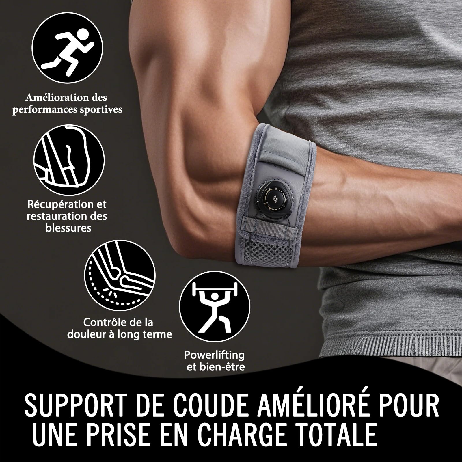 Coudiere pour Tendinite et Epicondylite - Attelle Coude Tendinite pour Tennis Elbow, Soulagement Douleur, Support Sportif, Compression Ajustable, Unisexe, Gris, XL, 1 Pack
