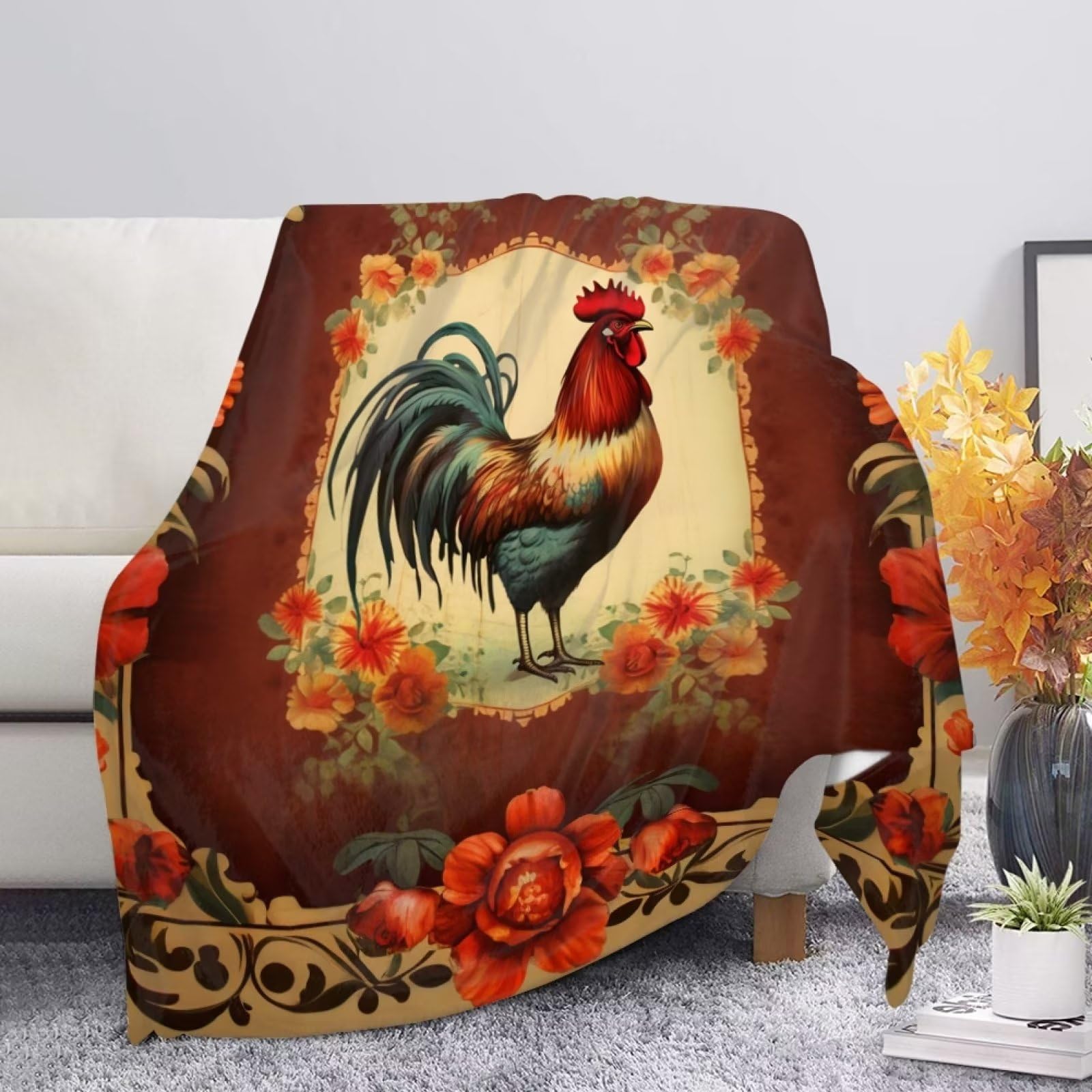 UOIMAG Floral Chicken Rooster Blankets for Women Retro Flannel Blankets Soft Lightweight Sofa Blankets Size S — image 1