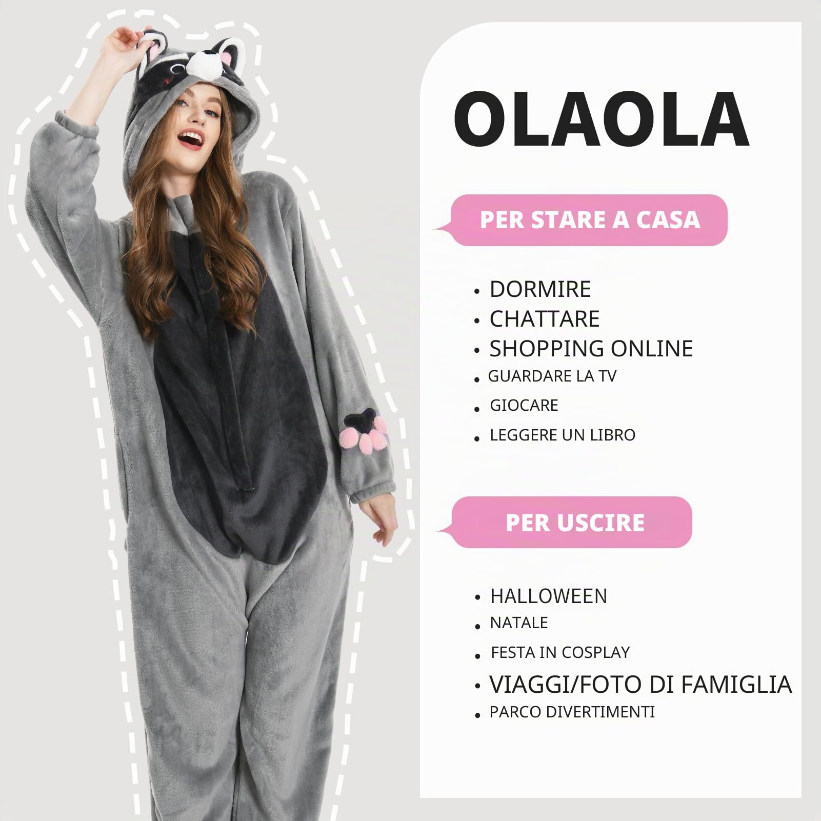 OLAOLA Pigiama per Adulti, Costume da Animale, Onesie Unisex per Halloween Cosplay, Pigiama Intero per Donna Uomo