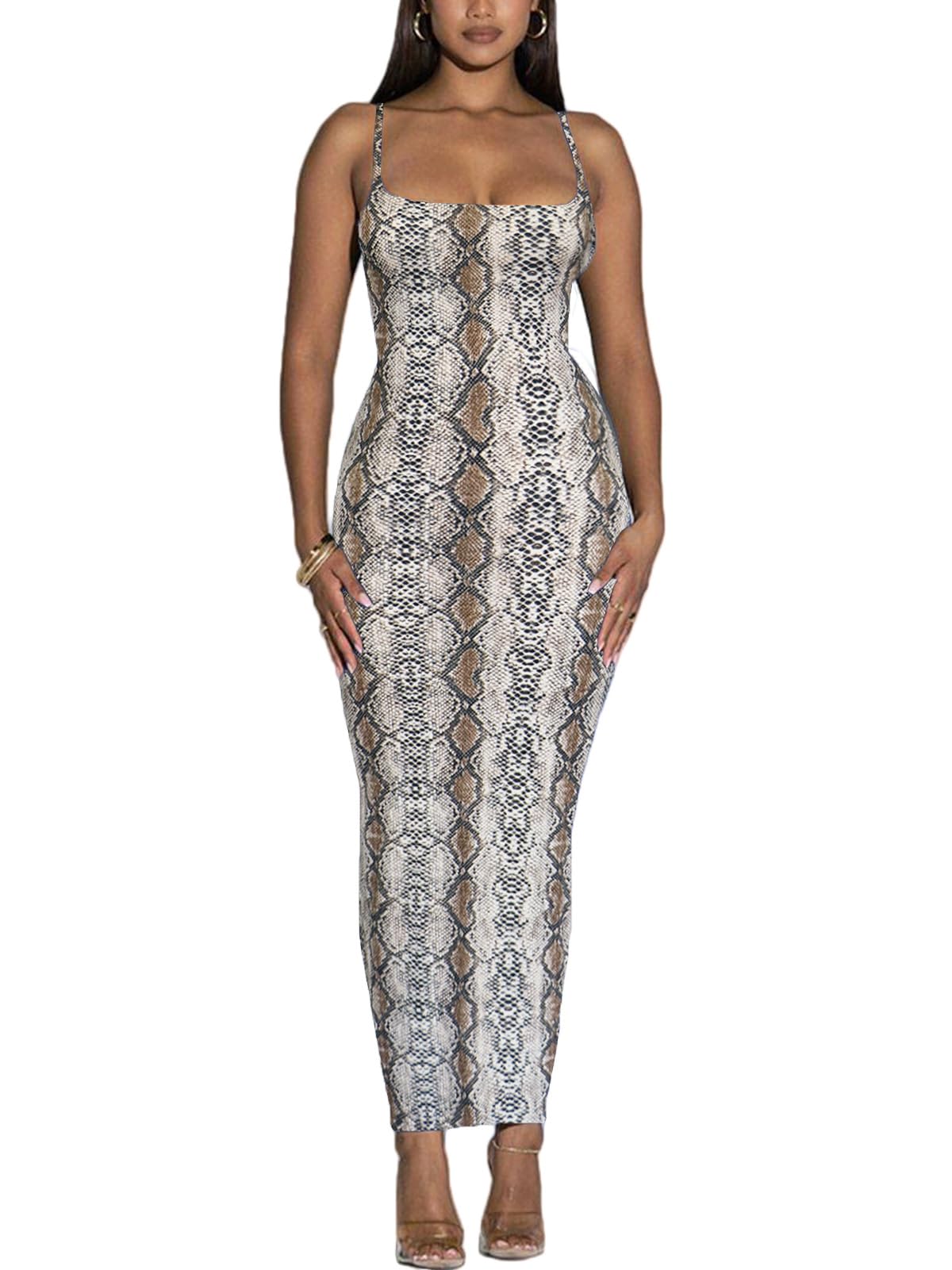 Women's Spaghetti Strap Bodycon Dress - Summer Casual Maxi Club Party Long Tight Slip Dresses