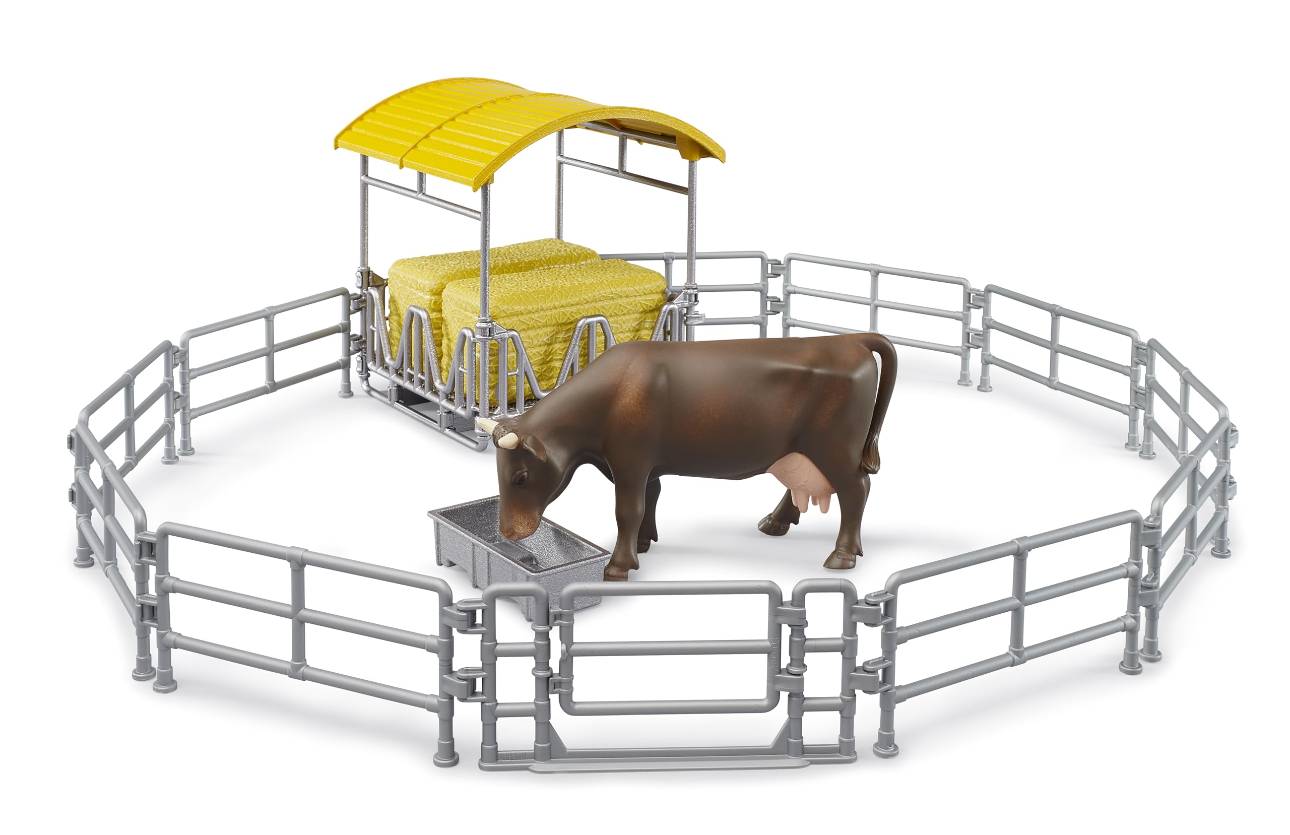 bruder 62612 - Mangiatoia con recinti, trogolo, balle quadrate e 1 bovino - Accessori per fattoria, agricoltura, mucca, giocattoli - 3