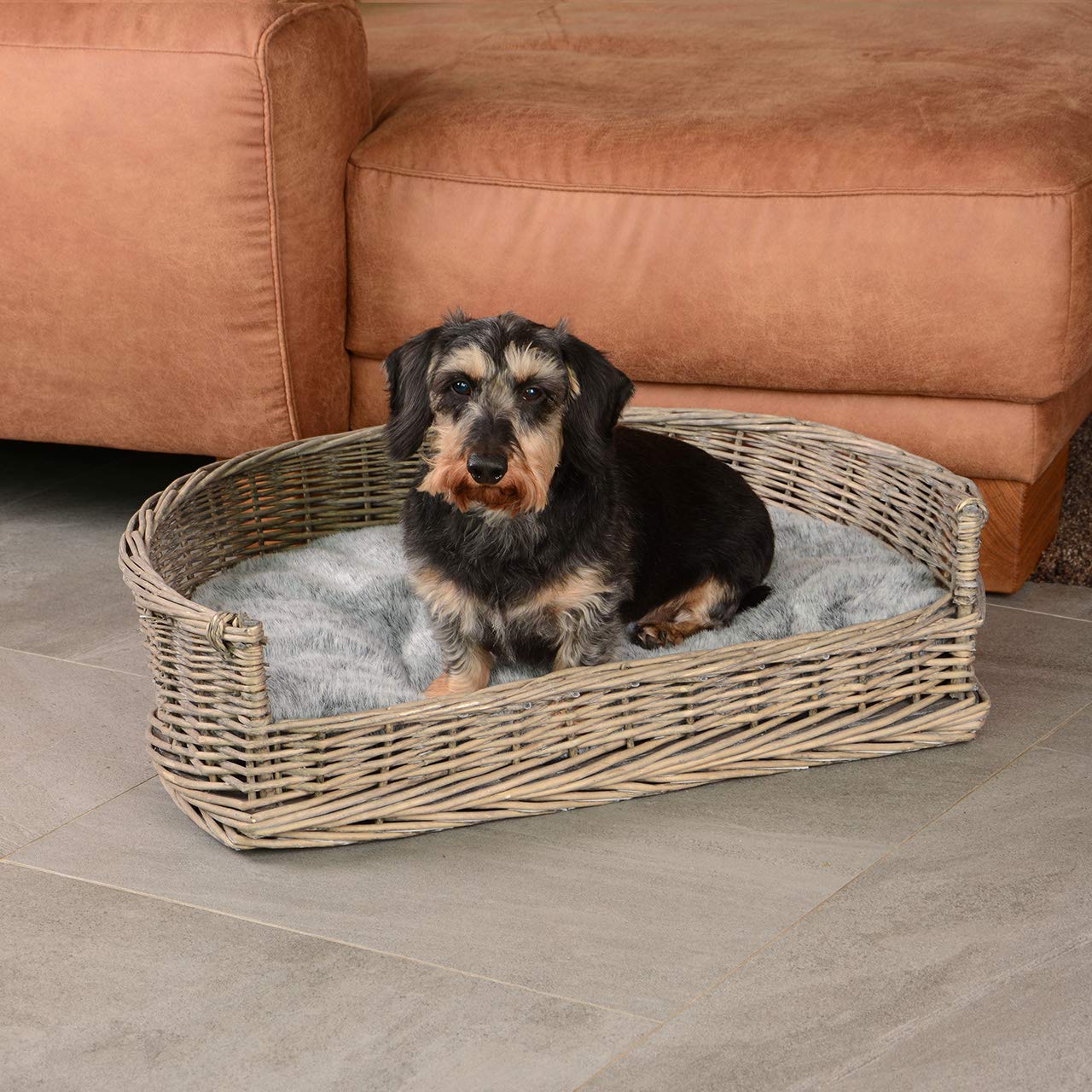 RM E-Commerce, lettino per cani, cesta in vimini misura S–XL con cuscino grigio, per cani di grande e piccola taglia