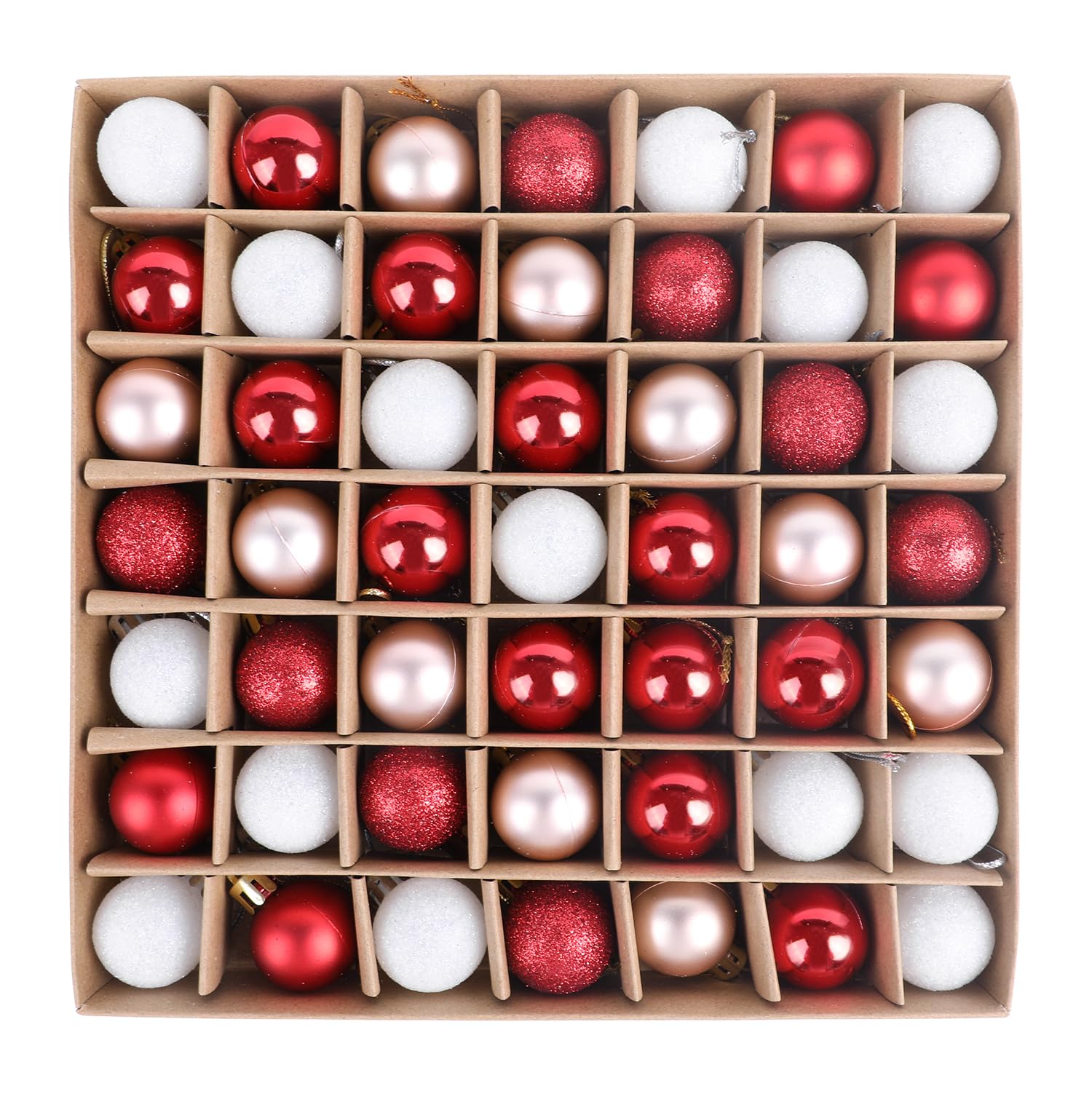 Veylin Red And White Mini Baubles, 49Pcs 3Cm Red Christmas Tree Decoration Glitter Ornaments (Red And White)