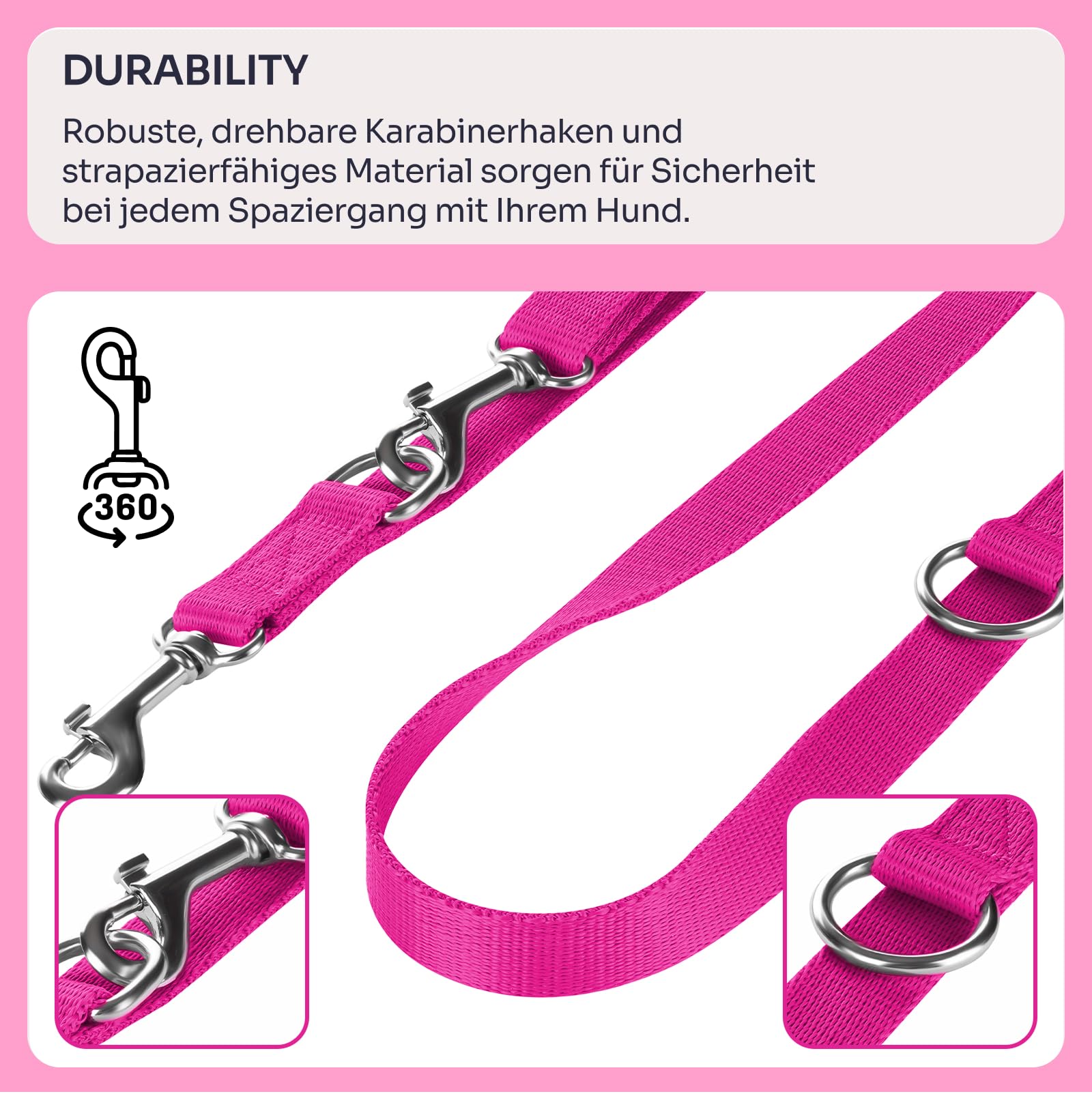 Chaba Hundeleine für Kleine Hunde mit 2 Karabinern | Spaziergang mit Zwei Hunden gleichzeitig | Verstellbar 1.35-2.6m | Breite 1 cm | 2 Tragevarianten | Leicht | Robust | Dog Leash | Fuschia, S