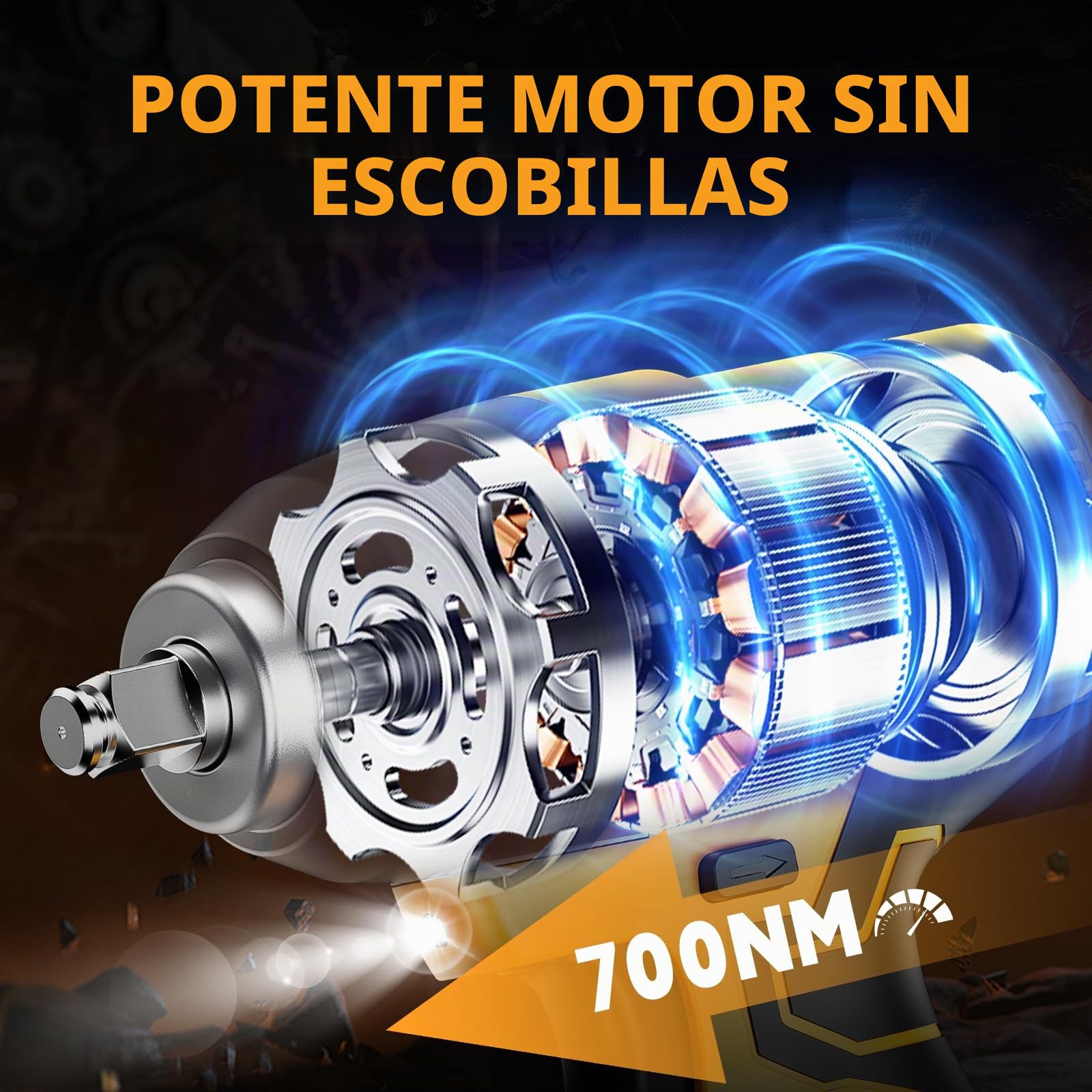 VTEK Llave de impacto sin escobillas portabrocas de 1/2 pulgada, par máximo de 700 N.m, llave de impacto inalámbrica de 500 pies-libras, pistola de impacto para niveles de automóvil