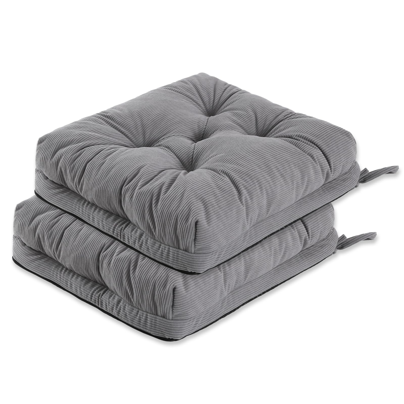 PRIMEPATIO Chair Cushions for Dining Chairs Set of 2, Tufted Overstuffed Textured Booster Foam Chair Pad with Ties and Non-Slip, 8cm Thick Seat Cushions for Kitchen, Garden, 40x40cm, Light Gery