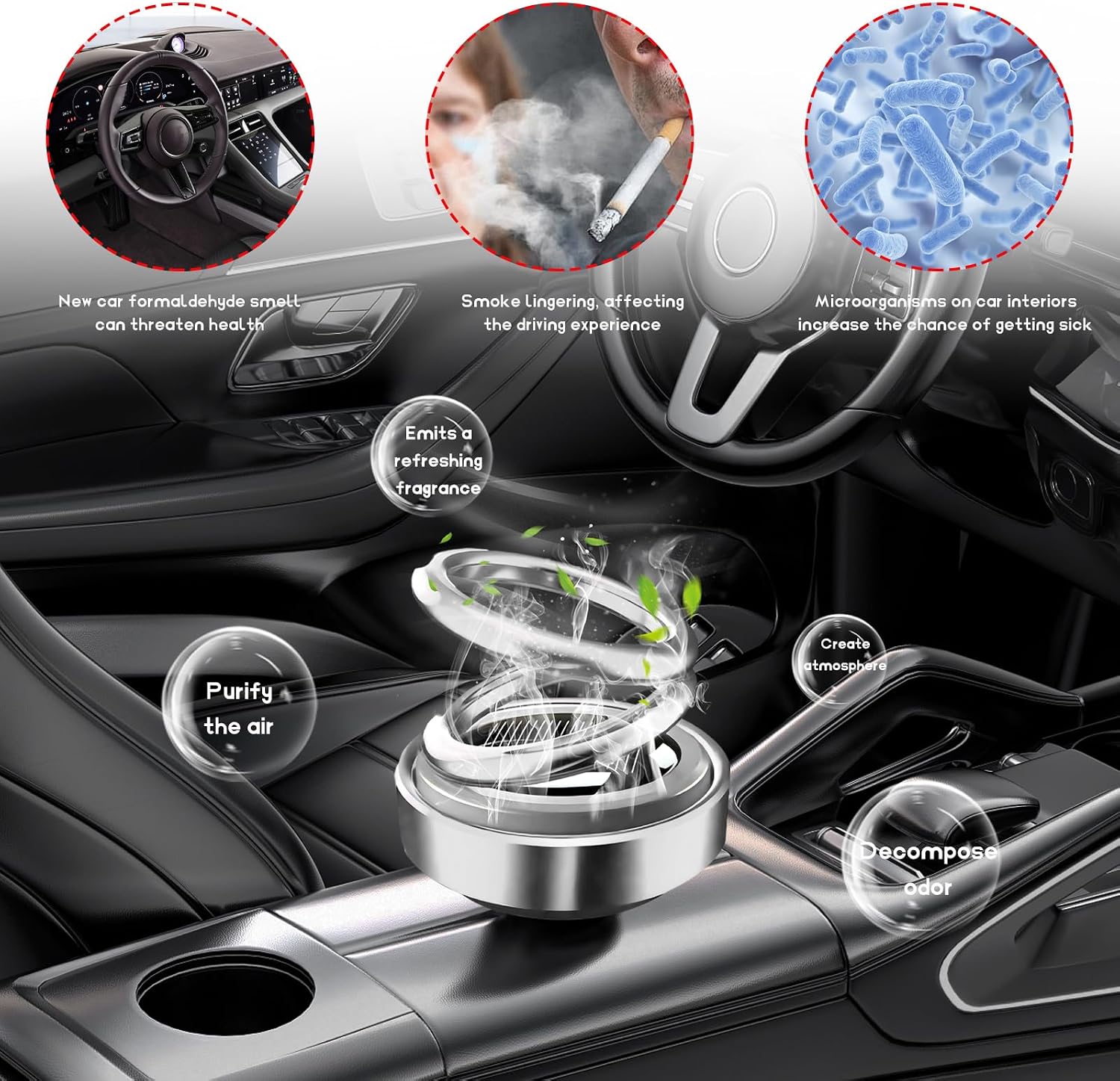 DXNQ Solar Rotating Car Air Freshener, Double Ring Solar Energy Car Dashboard Decoration Perfume Holder, Rotating Aromatherapy Diffuser Ornament for Car Home, Car Accessories (Silver)