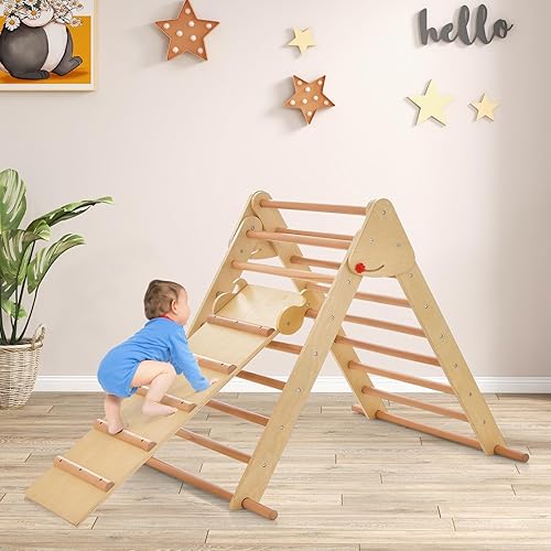 Miniatura 2 de OLAKIDS Juguetes de escalada para niños pequeños, 3 en 1 plegable de madera Montessori Pikler Escalera escaladora con rampa, tobogán para gimnasio,