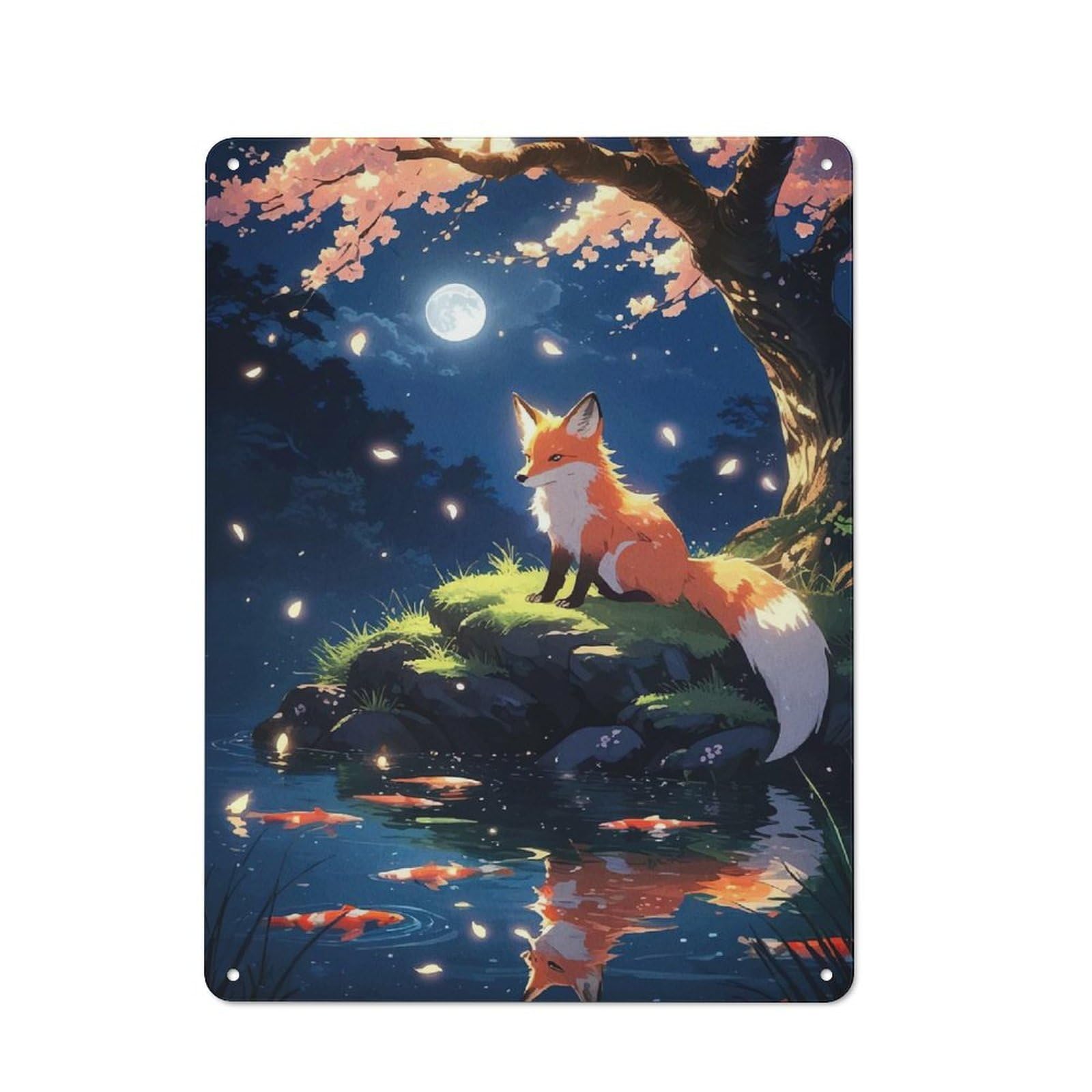 Junmoney Style-22 Tin Wall Plaque 40X30cm With Fox And Koi Pond Moonlight For Garage Wall, Suited To People Furnishing A Garage