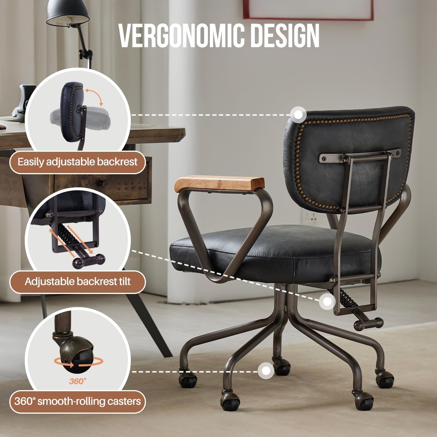 PELLEBAR Home Office Chair, Mid-Century Distressed Genuine Leather Office Chair, Swivel Chair with Reclining Back for Home Office - Image 5