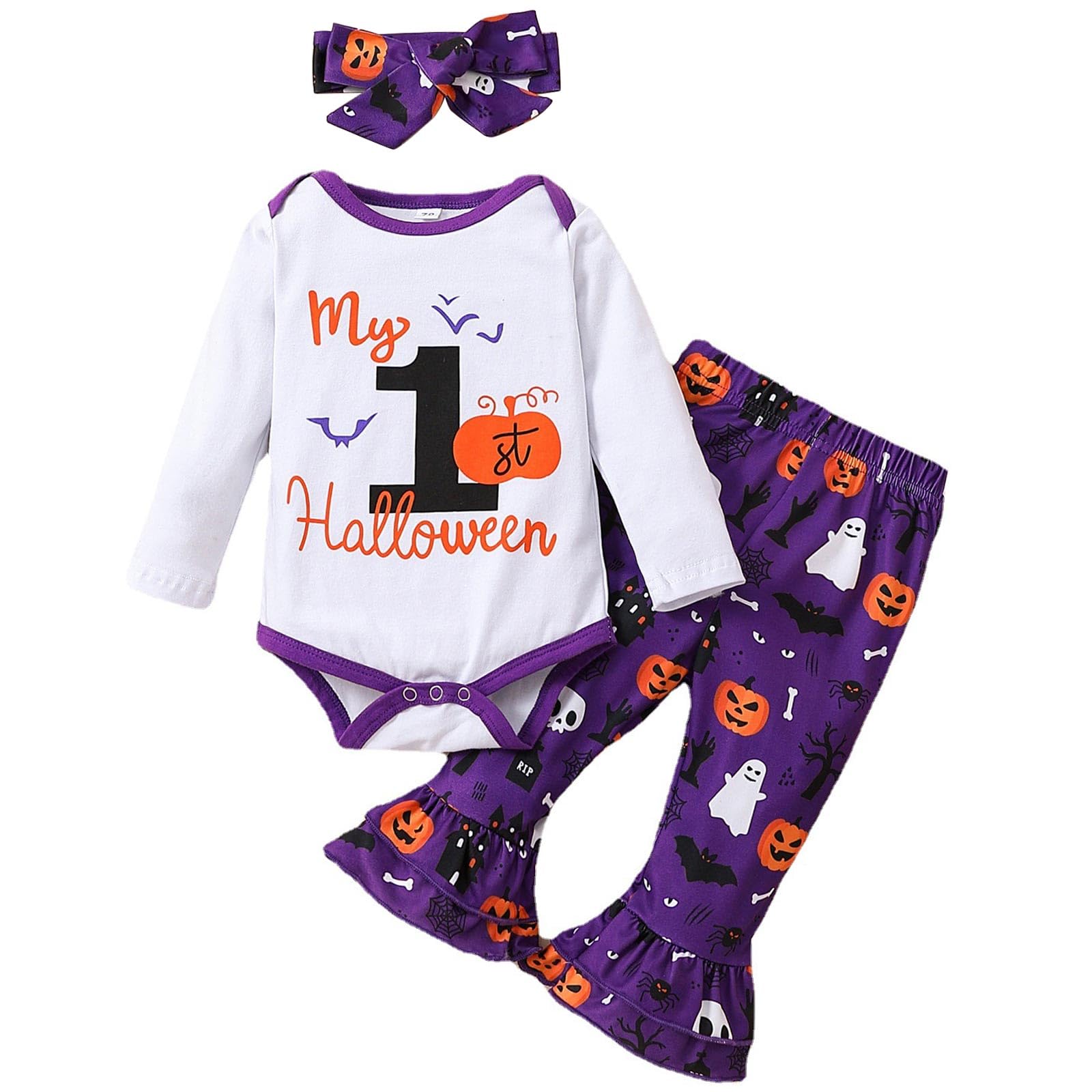 XuomuenBaby Girls My 1st Halloween Costumes Outfits Newborn Infant Romper Flared Pants with Headband Set Pumpkin Ghost Gift