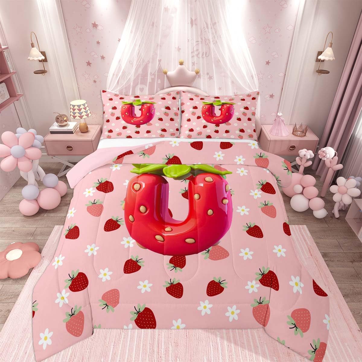Feelyou Girls Pink Red Strawberry Comforter Set King Size Initial Letter U Bedding Set for Kids Boys Girls Princess Strawberry Duvet Quilt Bedroom Decor Microfiber 3 Pcs with 2 Pillow Cases