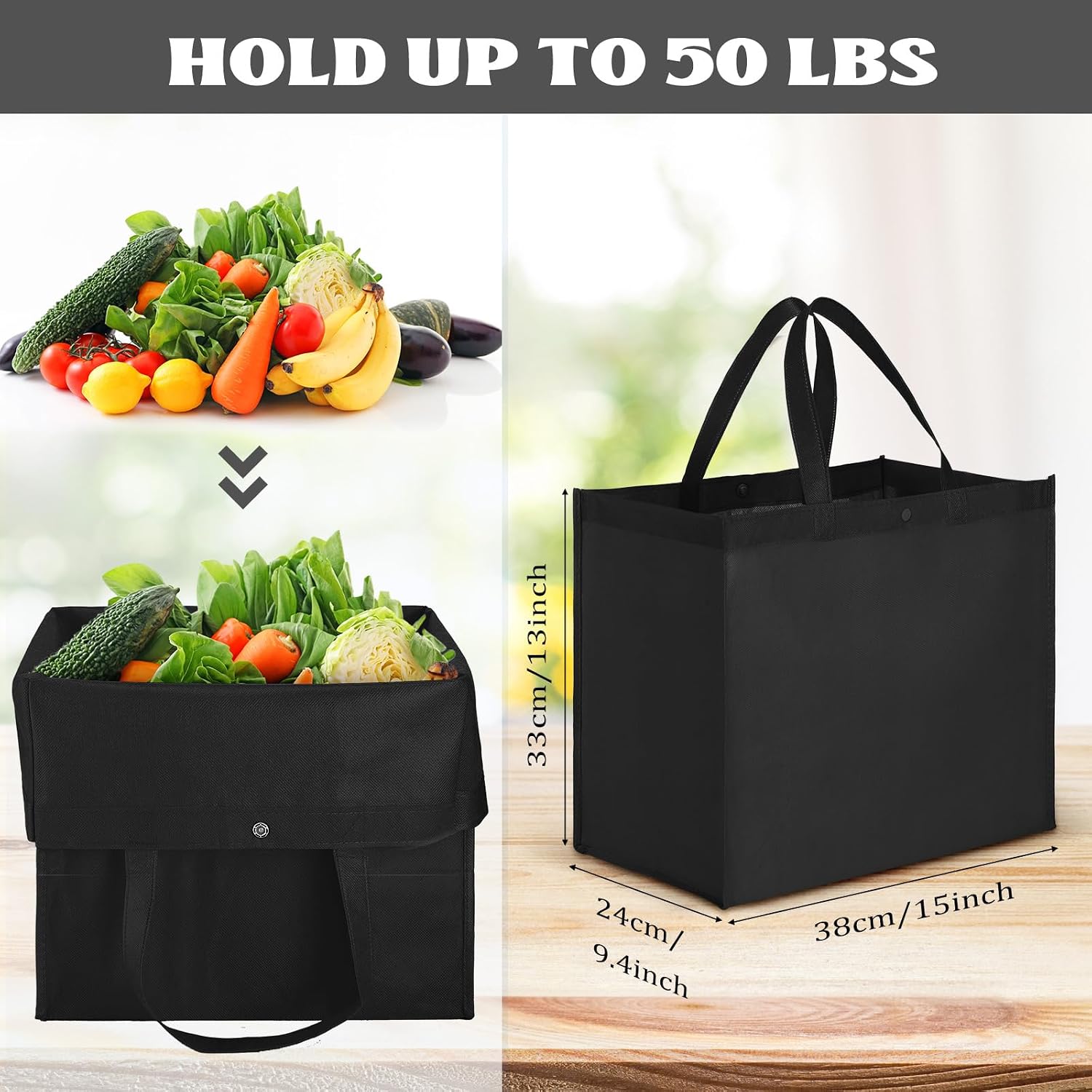 Zhehao 120 Pcs Reusable Grocery Shopping Bags Large Foldable Gift Tote Non Woven Fabric Bags with Handle and Plastic Button for Birthdays, Bridesmaids, Party Favors, 15 x 9.5 x 13 Inch (Black) image 4