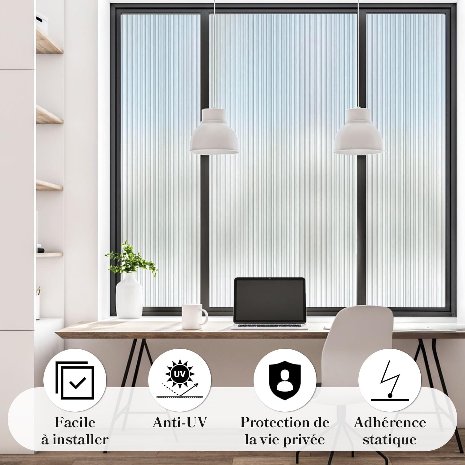 Qualsen Film Fenetre Anti Regard Motif en Roseau 90x400cm, Film Occultant Fenêtre Décoratif Brise Vue Fenetre Amovible Anti UV Films Electrostatique Vitre pour Maison Bureau, Blanc