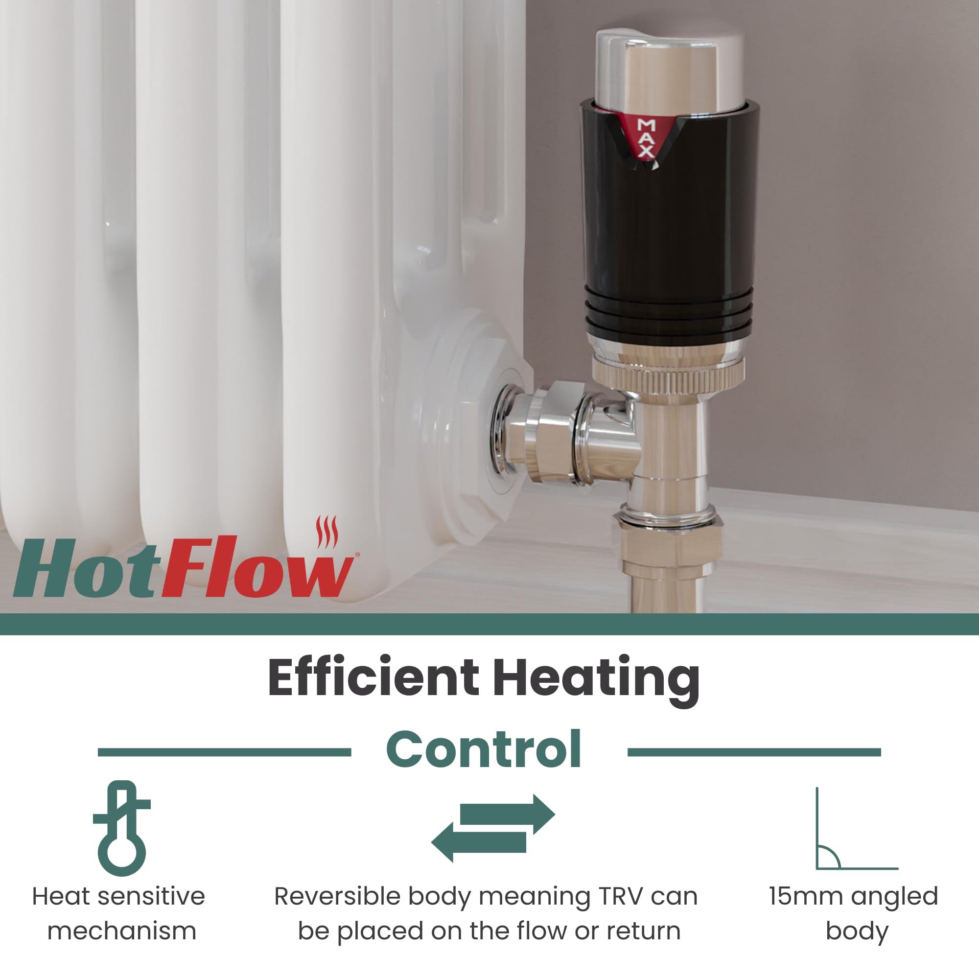 Hot Flow Chrome & Black Estuary Angled TRV Thermostatic Radiator Valve (Pair) Includes Angled TRV Body, Wheel Head - Image 3