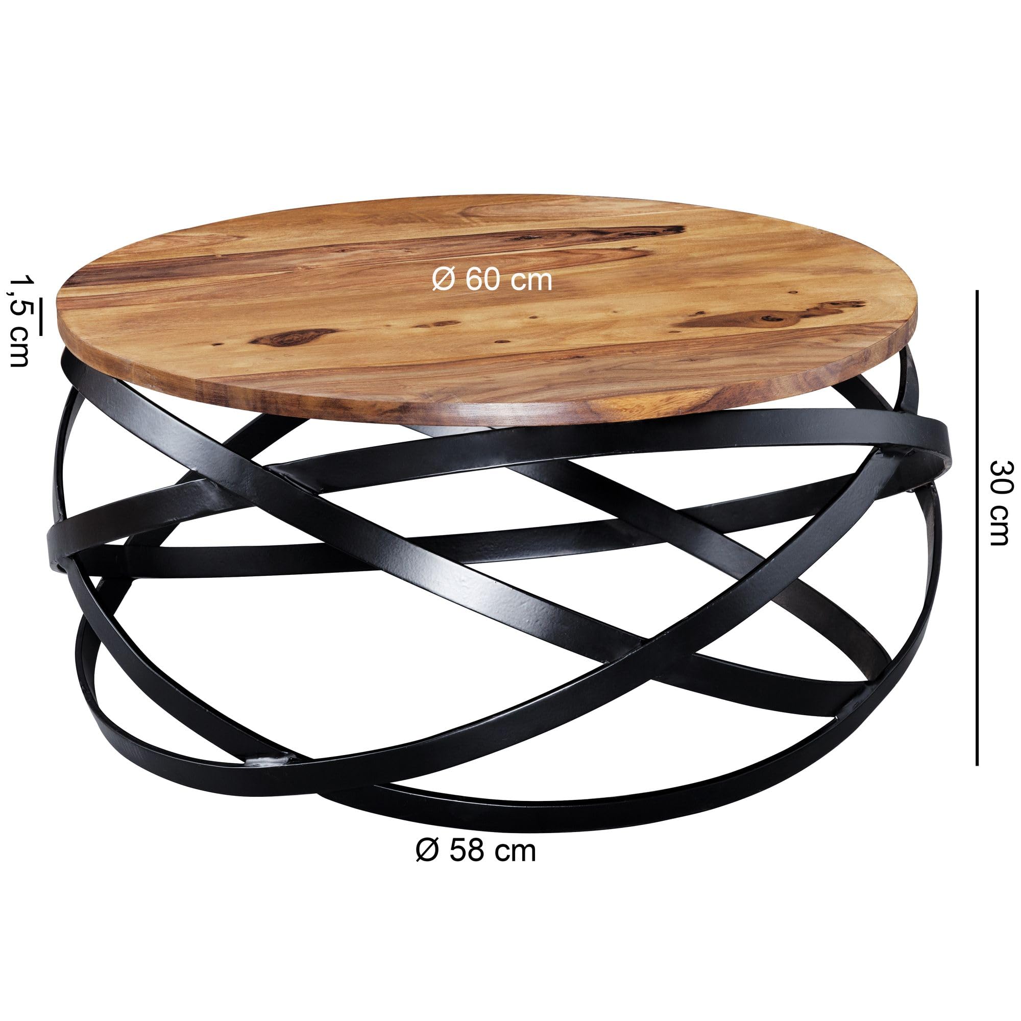 FineBuy Couchtisch MANUR rund aus Sheesham Massivholz Ø 60 cm – Wohnzimmertisch im Industrial Design mit schwarzem Metallgestell – Handgefertigter Holztisch Natur Braun