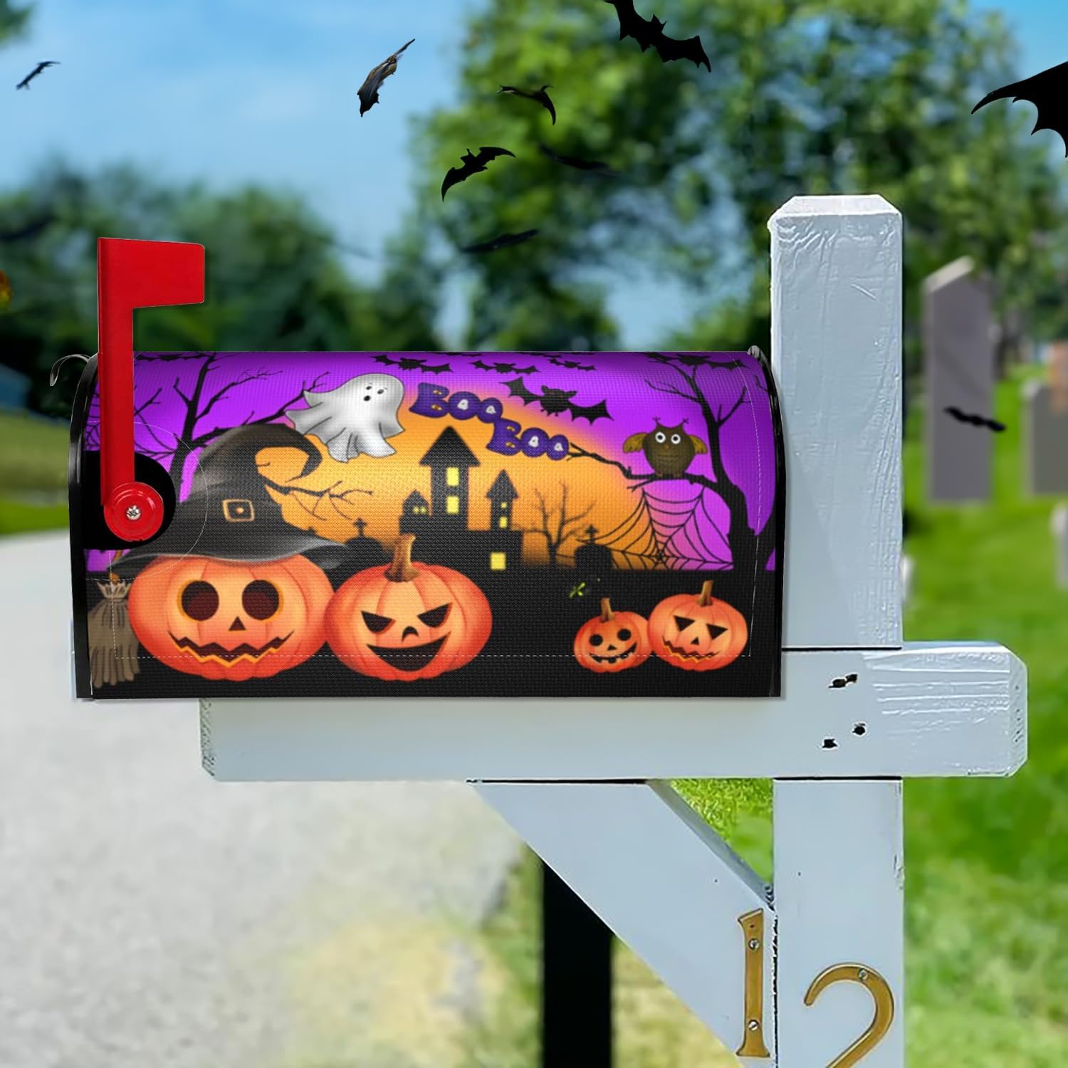 Spooky Halloween Mailbox Cover with Magnetic Ghost, Owl, Bat & Castle Designs Outdoor Wrap Decorations for Garden and Post Box, Standard Size 18" x 21"