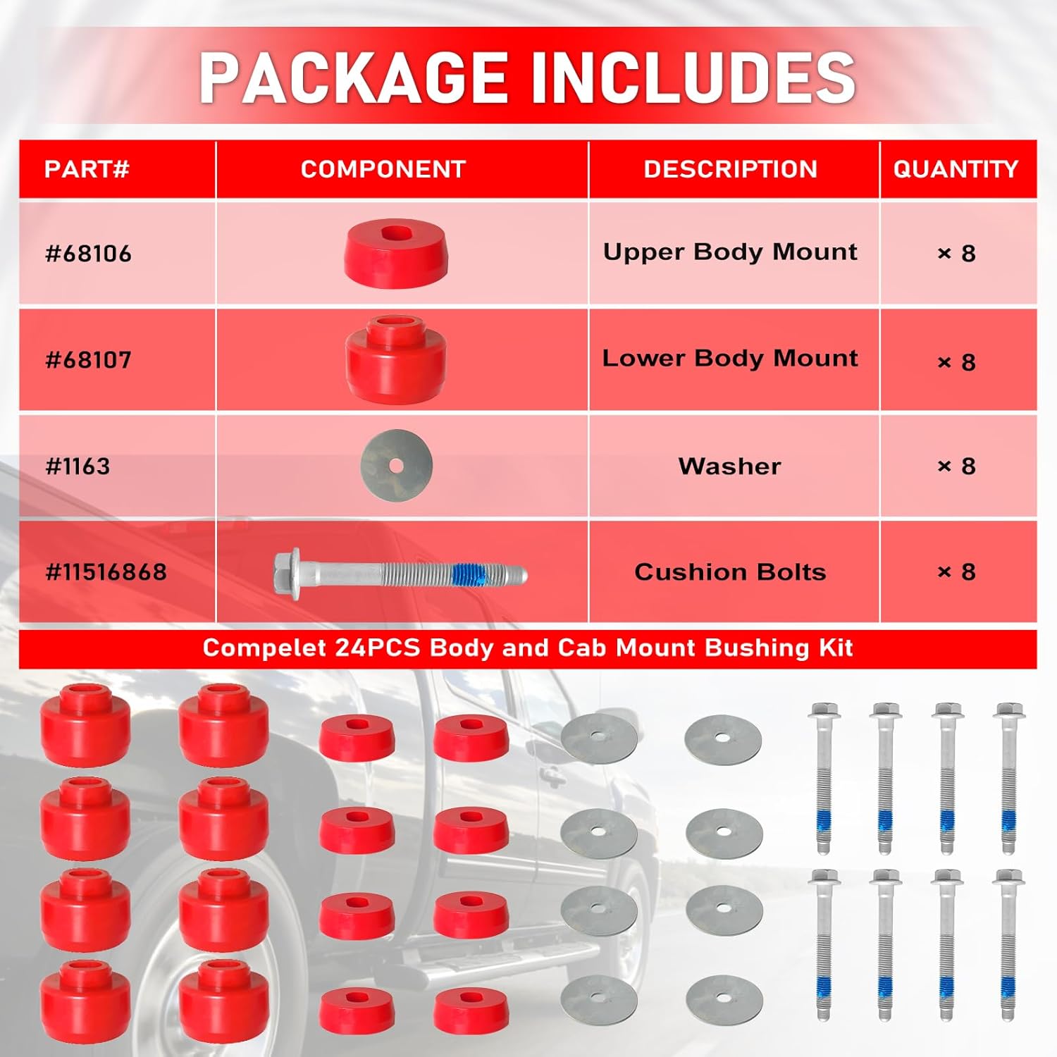 7-141 Body and Cab Mount Bushing Kit for Chevy Silverado & GMC Sierra 1500/2500 2WD/4WD 1999-2014 Body Cab Mounts with Cushion Bolts Replaces 11516868 15704260 (Red 24PCS)
