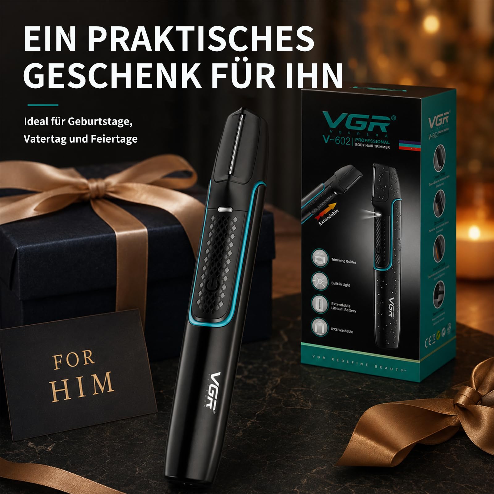 VGR 602 Kabelloser Körperrasierer Herren Mit V-Förmiger Schneidkopf, Body Groomer Men Mit Verlängerungsstangen-Design, Grooming Trimmer For Men Mit 4 Aufsätze, IPX6 Wasserdicht, USB-Ladefunktion