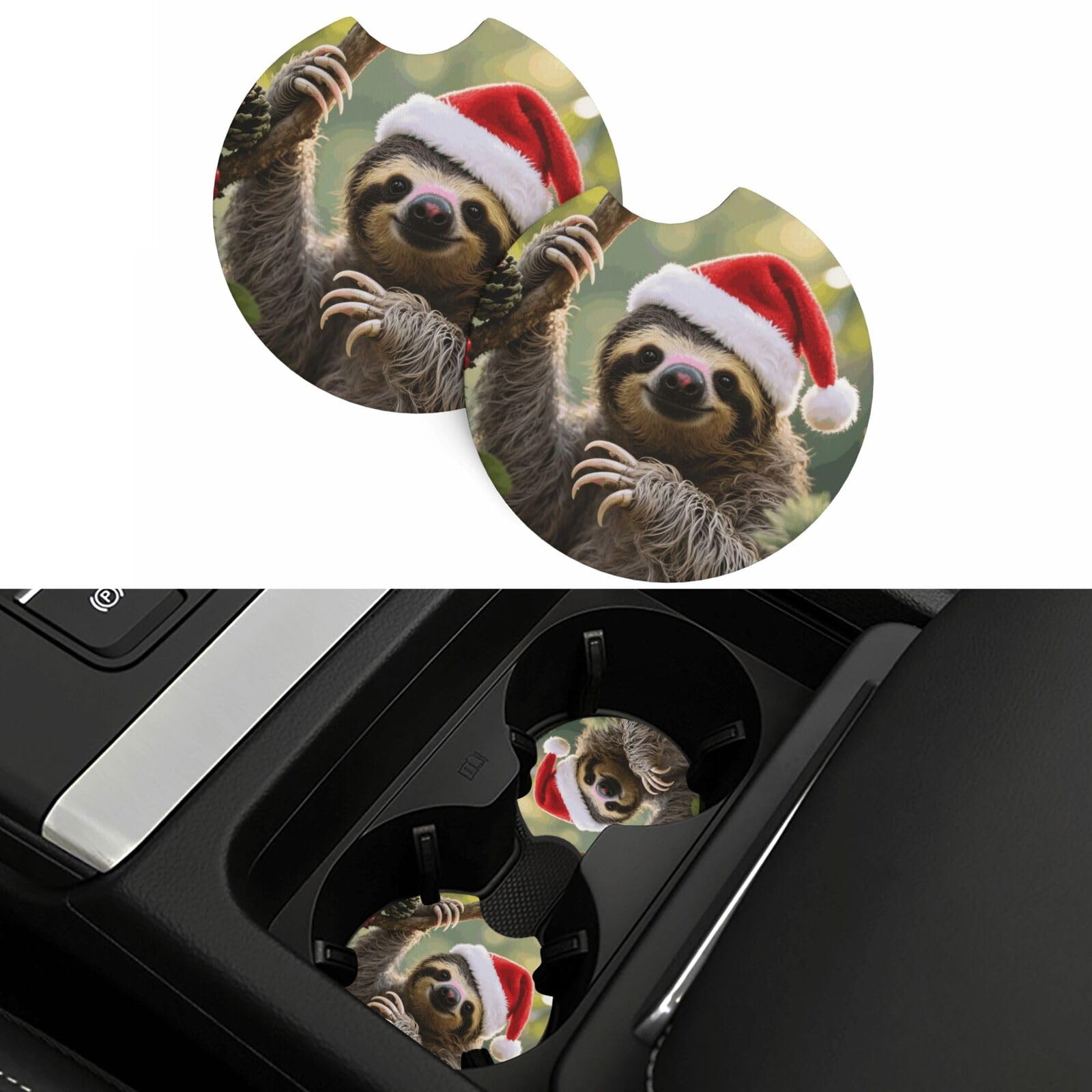 2 Pack Car Coasters,2.7" Universal Car Cup Holder Coasters Non-Slip Neoprene Cup Pad Mat Coaster Car Interior Accessories for Women Men Cute Christmas Sloth