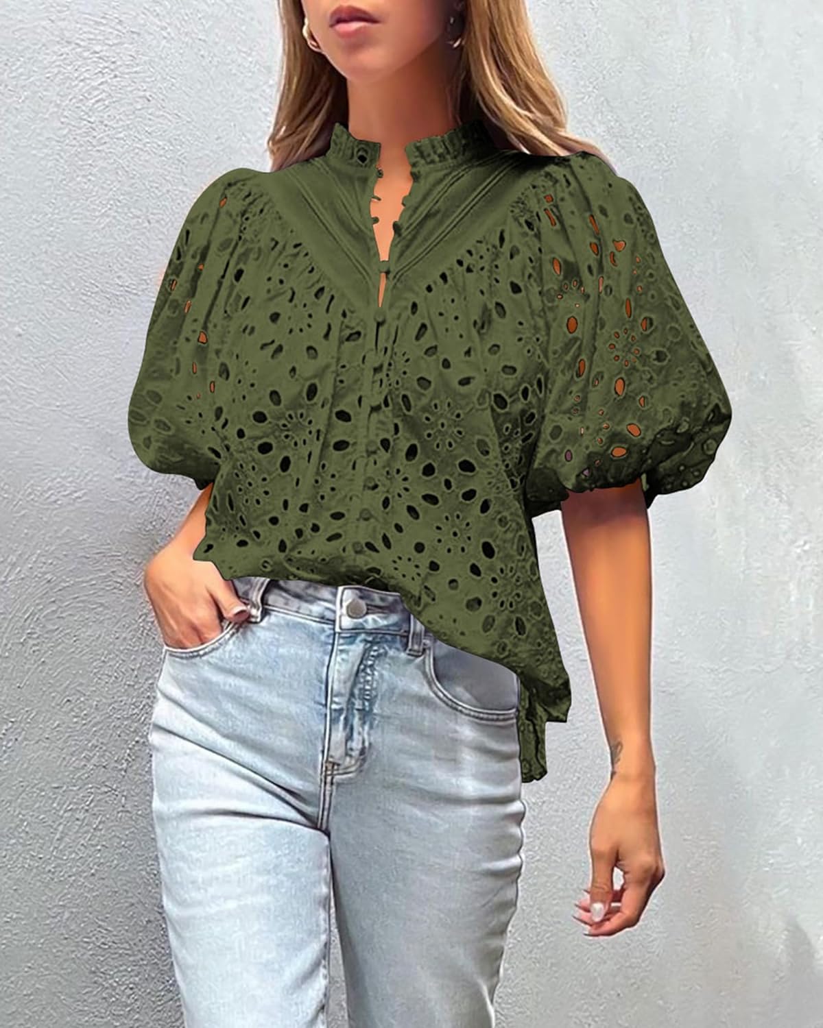 Women's Summer Tops Dressy Casual Hollow out Embroidered Blouse Short Lantern Sleeve V Neck Buttons Shirts