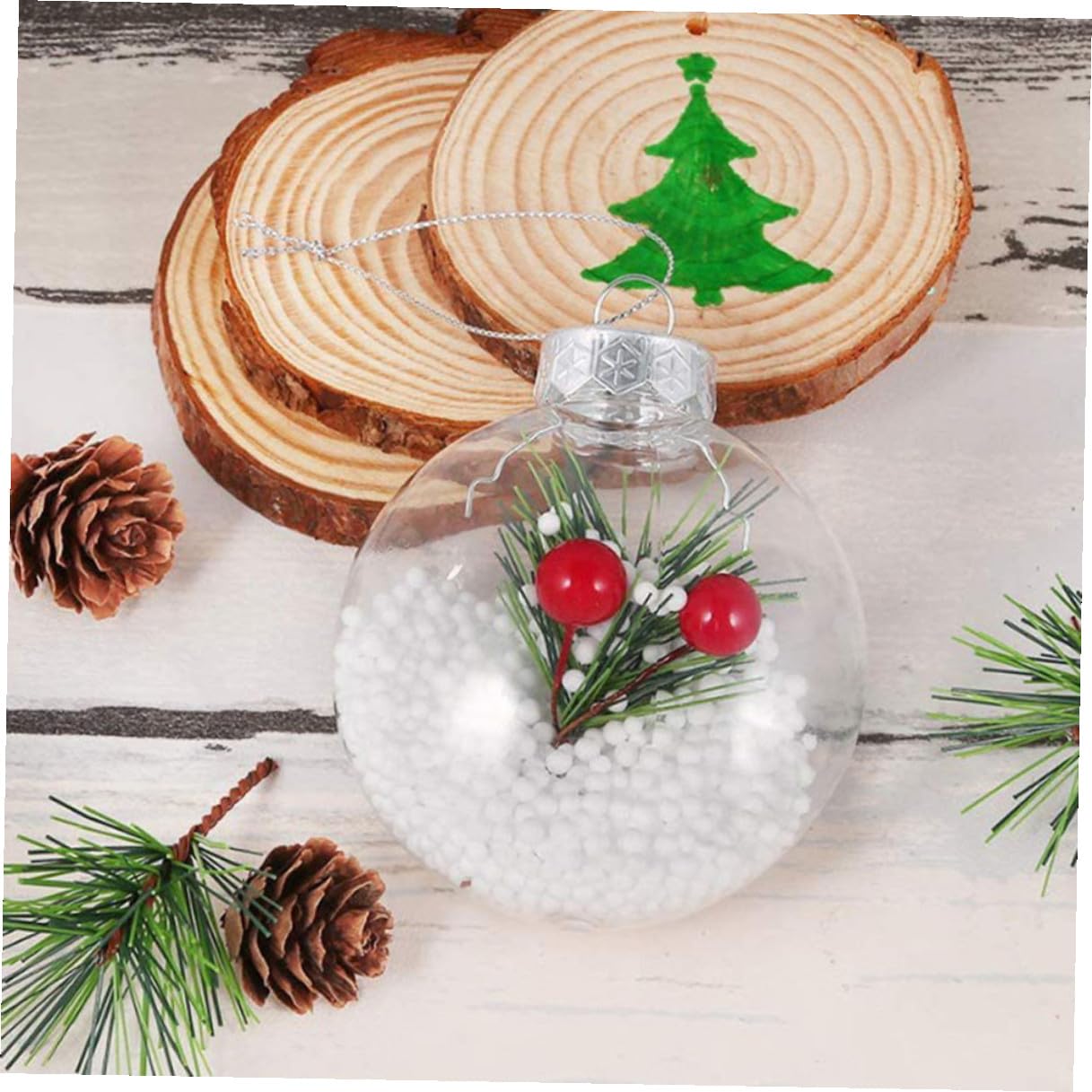 Angoily Lot de 12 boules de Noël transparentes plates en plastique à suspendre - 60 mm