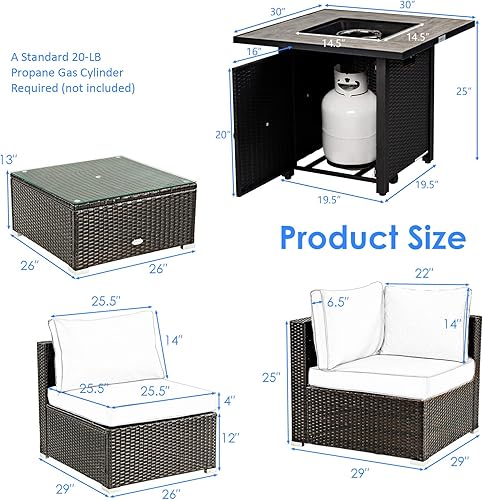 Miniatura 4 de Tangkula Patiojoy Juego de sofá de ratán para exteriores de 6 piezas con mesa de fuego de gas propano de 30 pulgadas, mesa de cerámica para fuego,