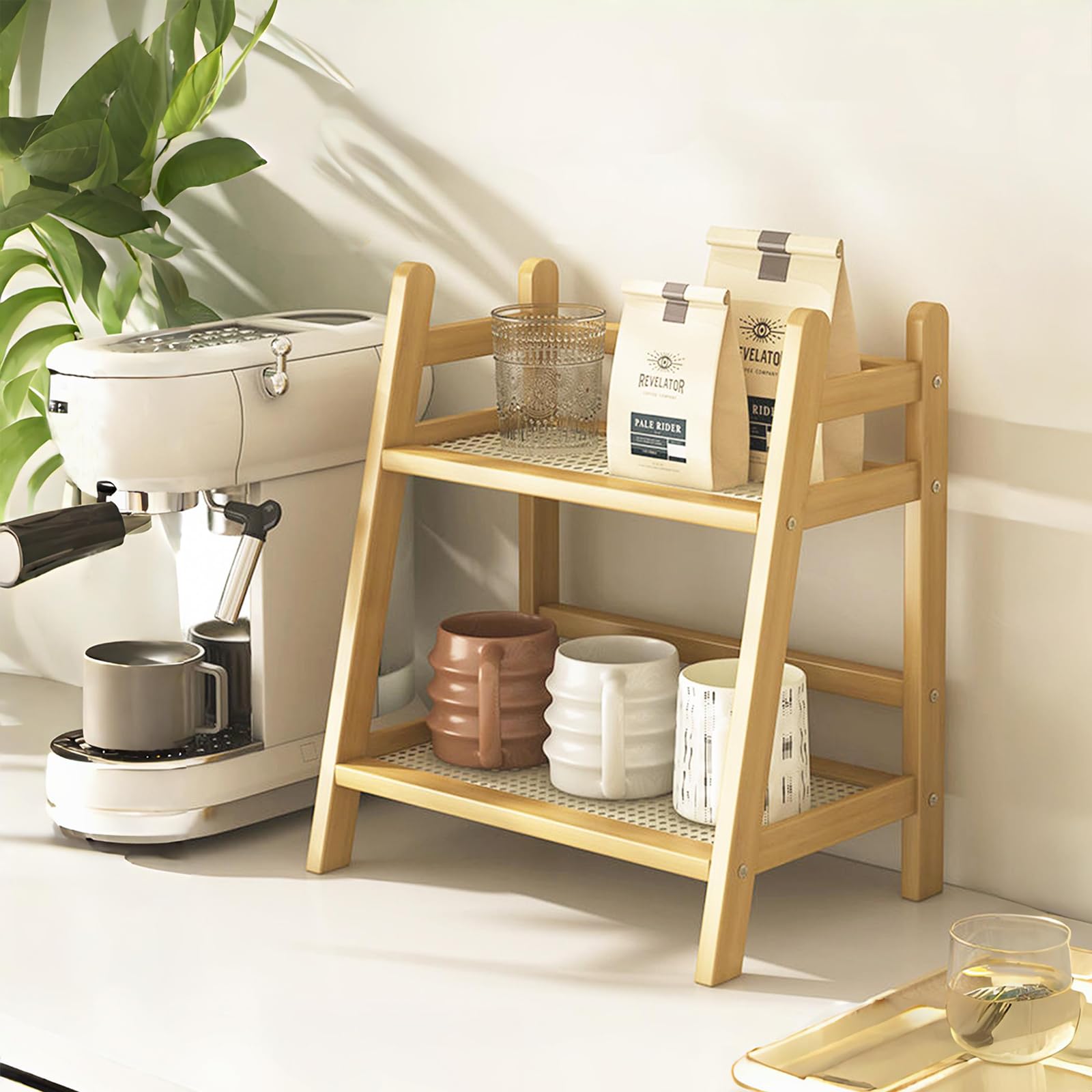 D-werack Narrow Mug Holder Countertop, Tea and Coffee Bar Station Organizer, Bamboo Matcha Stand, Cup Display Shelf, Condiment Storage Rack for Kitchen Counter Cabinet, 2 Tier