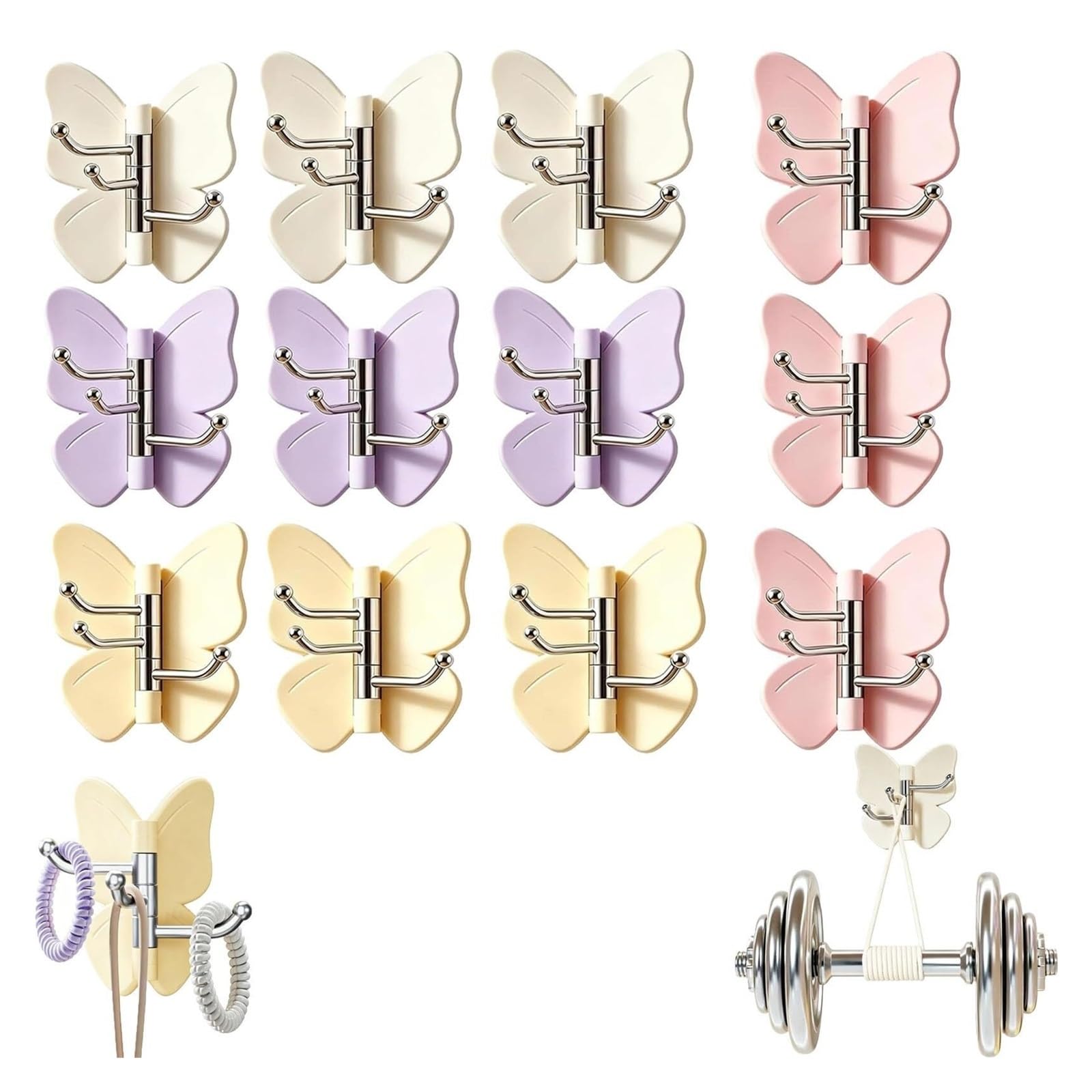 Sloiaz 12 Collections Rotating Butterfly Adhesive Wall Hooks,Strong Stick On Organizer,270° Swivel 3 Prong Design, Adjustable Wings For Inner & Outer Corners,Bathroom And Entryway(12 Collections)