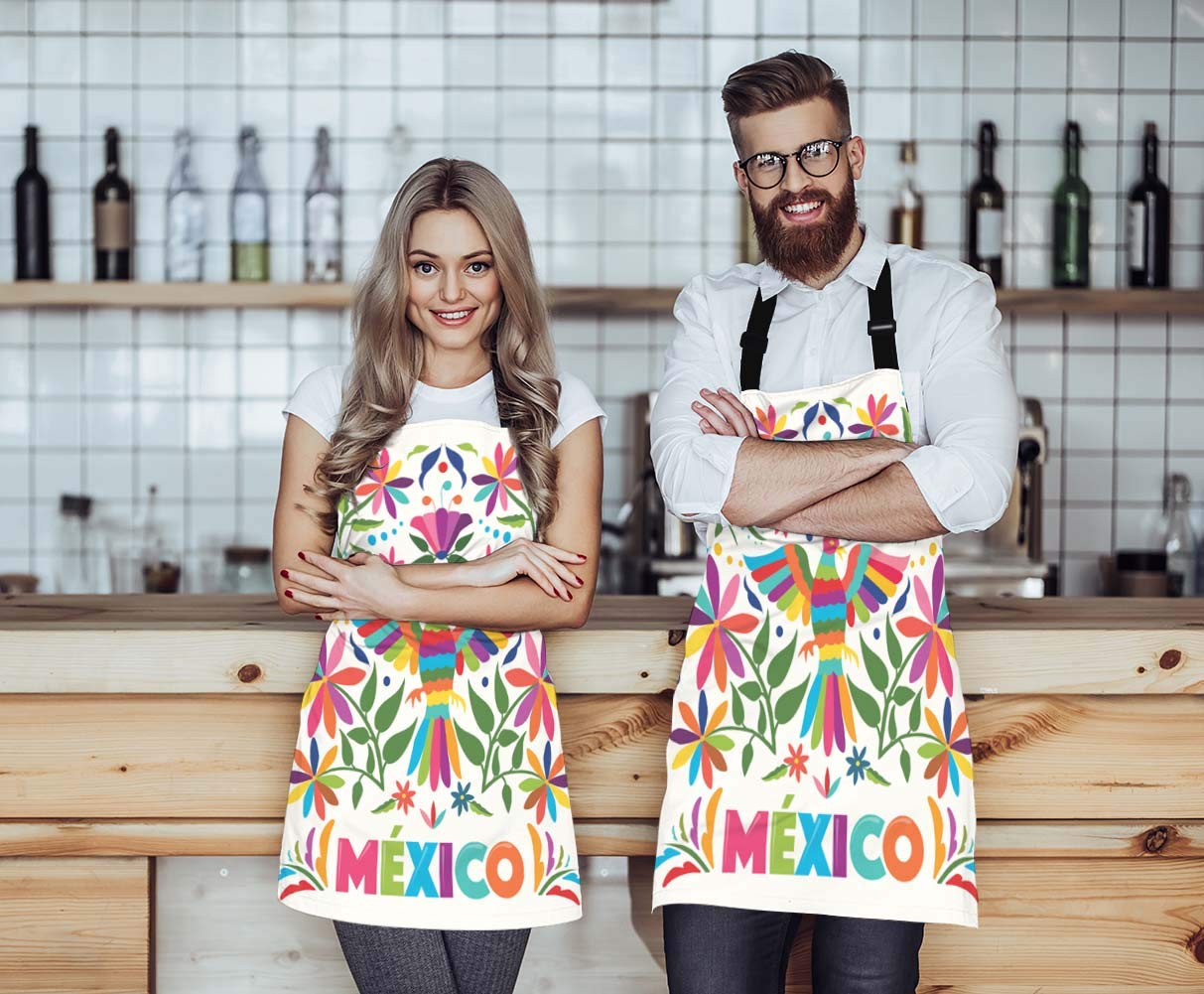 EKOBLA Birds Aprons Colorful Mexico Traditional Texture Vibrant Floral Pattern Leaves Waterproof Resistant Chef Cooking Kitchen BBQ Adjustable Aprons for Women Men 27x31 Inch