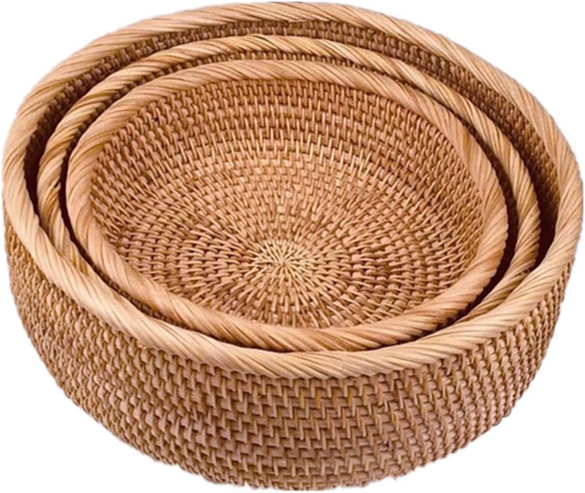 Round Keys Basket Bowl For Entryway Hand Woven Wicker Storage Basket Rattan Decorative Basket Fruit Candy Cake Food Serving Basket Tray For Keys Wallet Cell Phone And Wire Basket (3pcs, One Size)