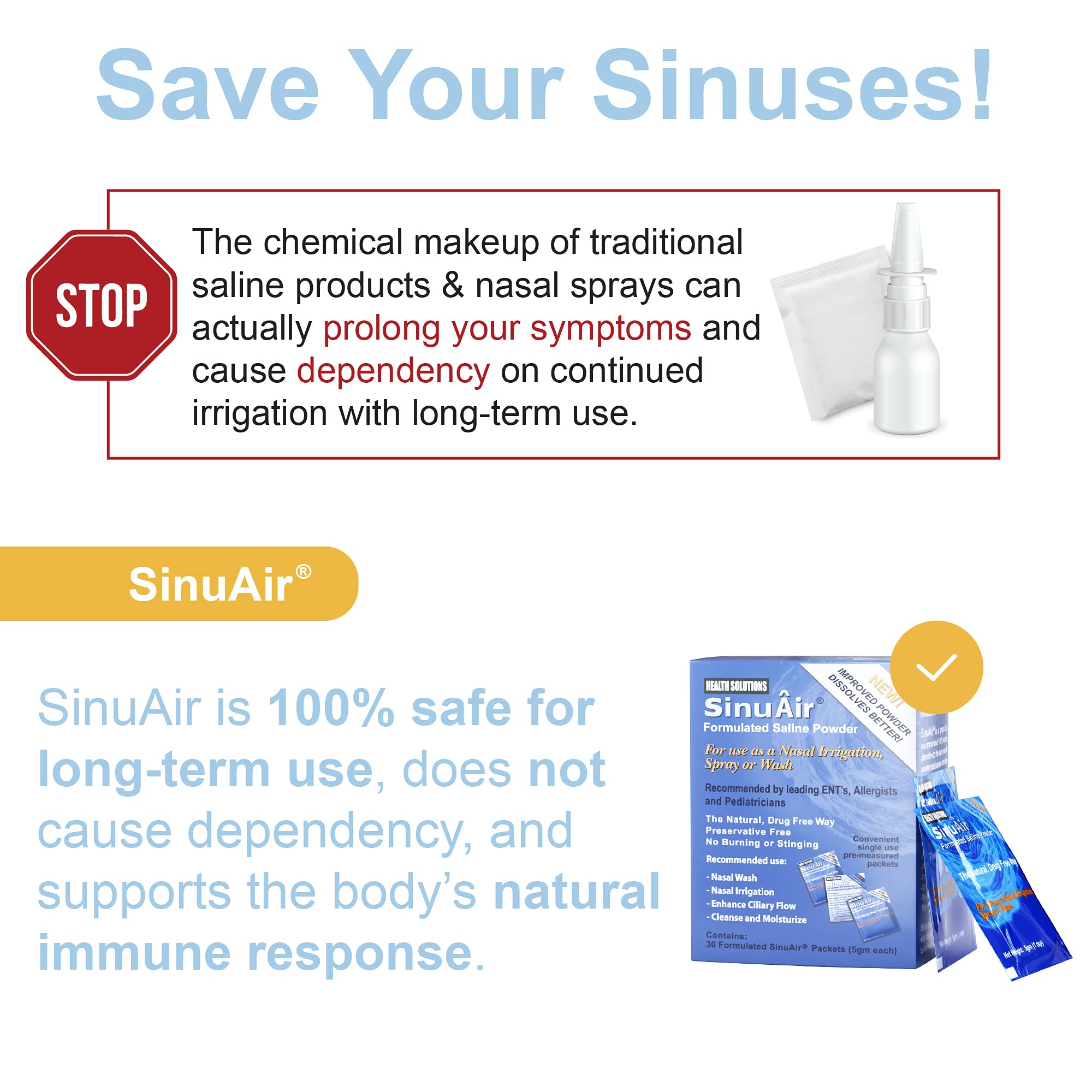 SinuAir Sinus Rinse Salt Solution Saline Powder for SinuPulse System, Neti Pot Flush, Nasal