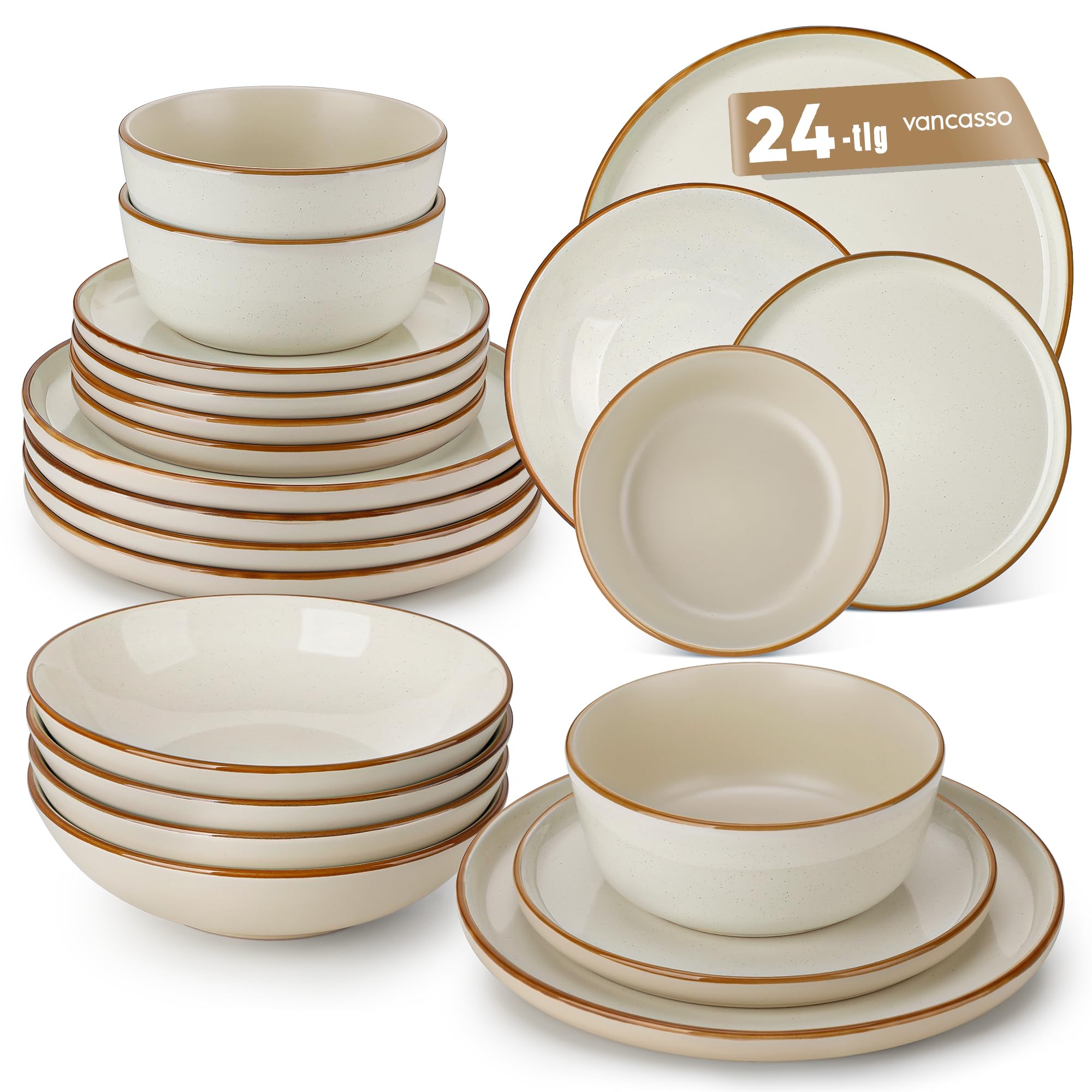 Geschirrset 6 Personen, vancasso RENO 24-tlg Steingut Teller Set Modern, Tafelservice mit Speiseteller, Suppenteller, Dessertteller, Schüsseln, Geschirr Spülmaschinenfest & Mikrowellengeeignet, Beige