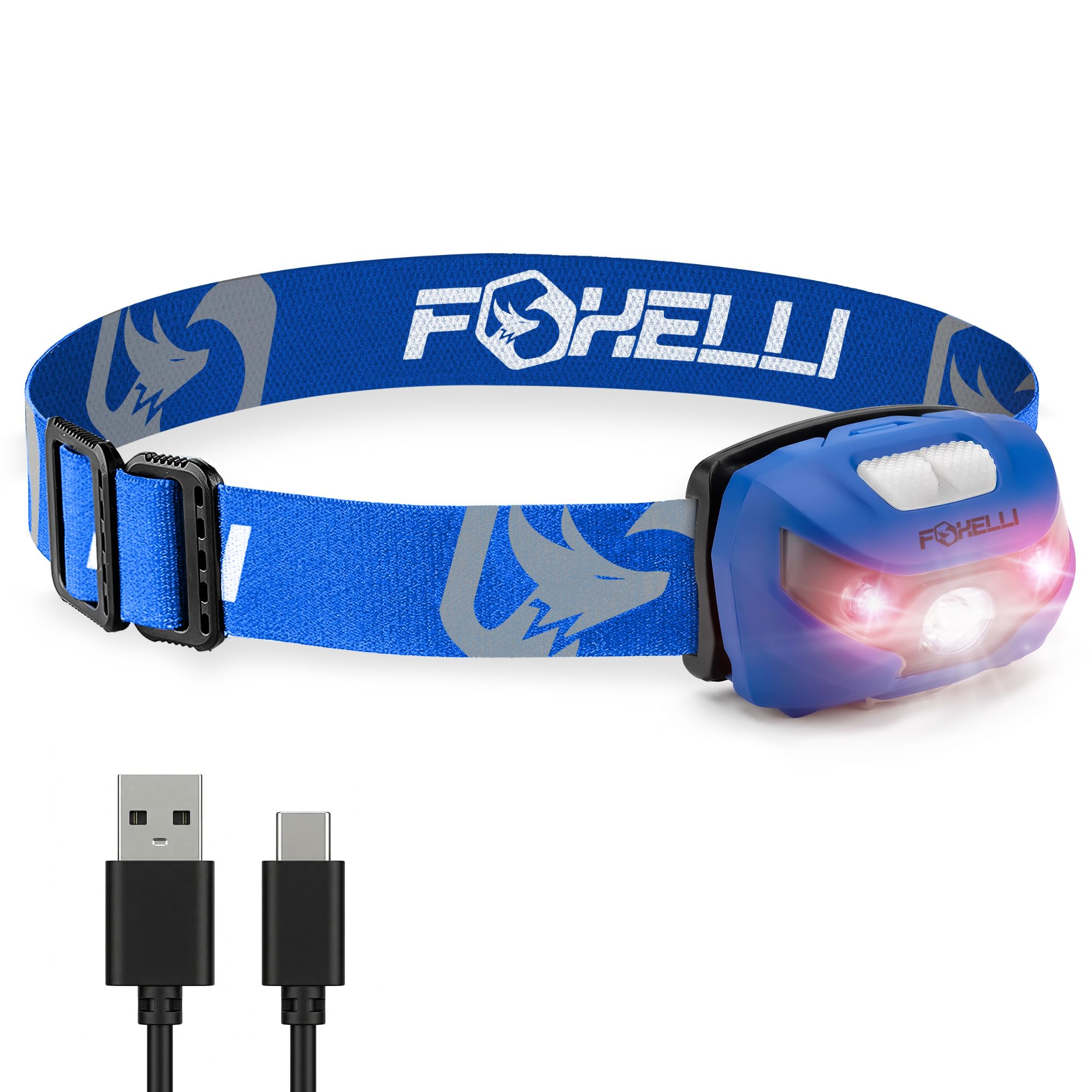 Foxelli USB-C Rechargeable LED Headlamp – Super Bright, Lightweight Head Lamp for Running, Camping, Hiking & Work – Comfortable Fit for Adults & Kids