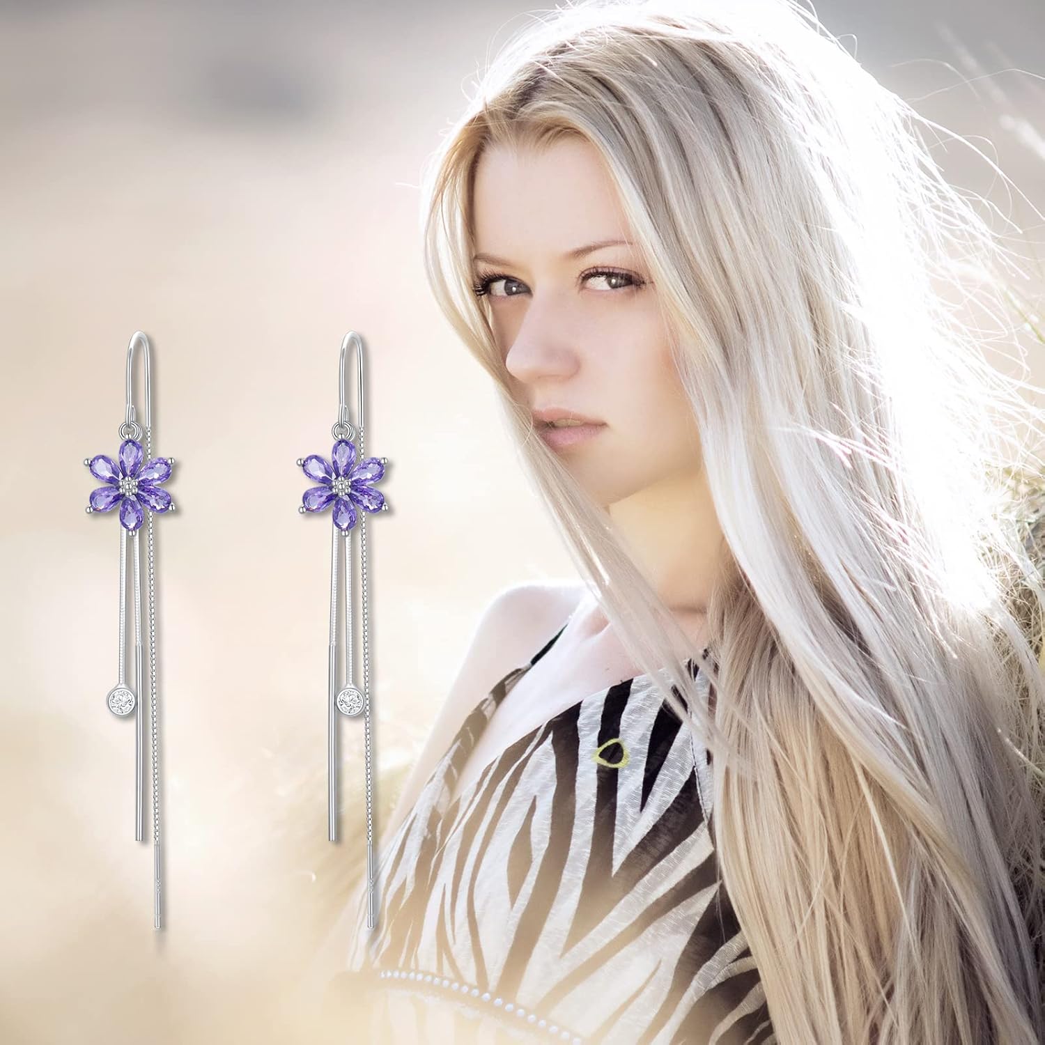 Sterling Silver Threader Earrings with Crystal Cubic Zirconia Flower Star Heart Butterfly Tassel Long Charm Drop Dangle Earrings Jewelry Gifts for Women Girls - Image 6