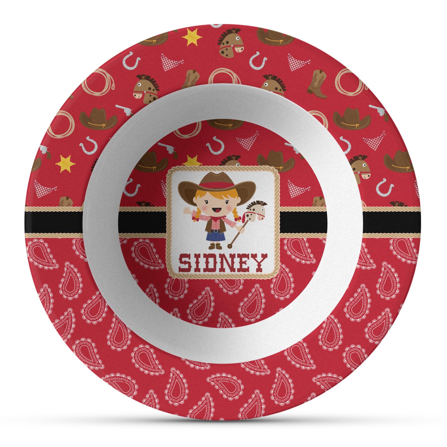 Personalized Red Western Plastic Bowl - Microwave Safe - Composite Polymer