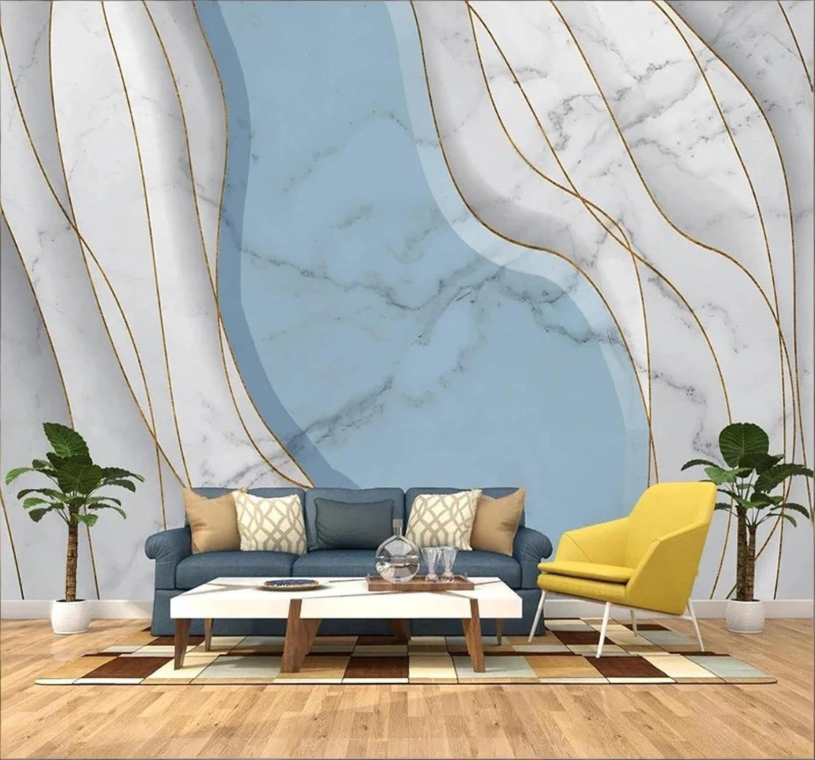 XLMING Abstract Blue White Gold Lines Faux Marble 3D Wallpaper Luxury Silk Study Dining Feature Sofa Grey Bedroom Living Room Tv Decorative Wall-250cm×170cm