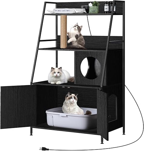 LING RUI Caja de arena con 2 estantes de almacenamiento, caja de arena alta para gatos, muebles ocultos con estación de carga, muebles de interior